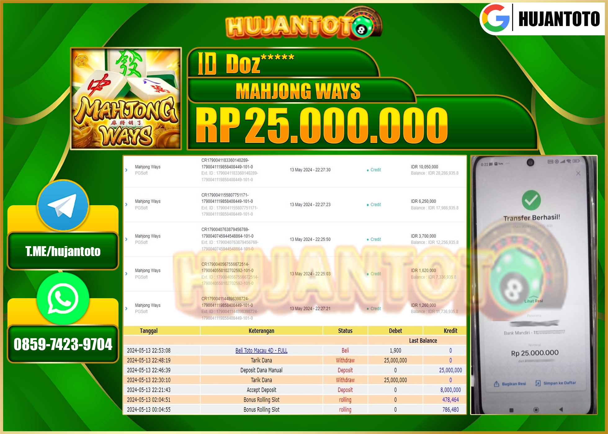 HUJANTOTO MENANG MAHJONG WAYS 25,000,000- LUNAS