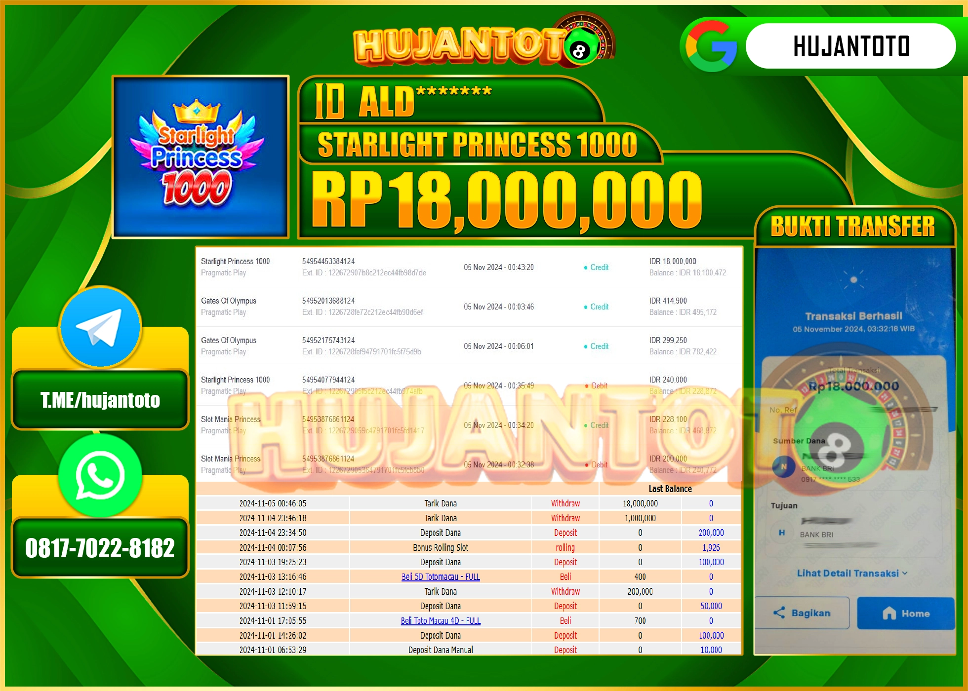 HUJANTOTO MENANG DI PERMAINAN SLOT STARLIGHT PRINCESS 1000 - 18,000,000 - LUNAS