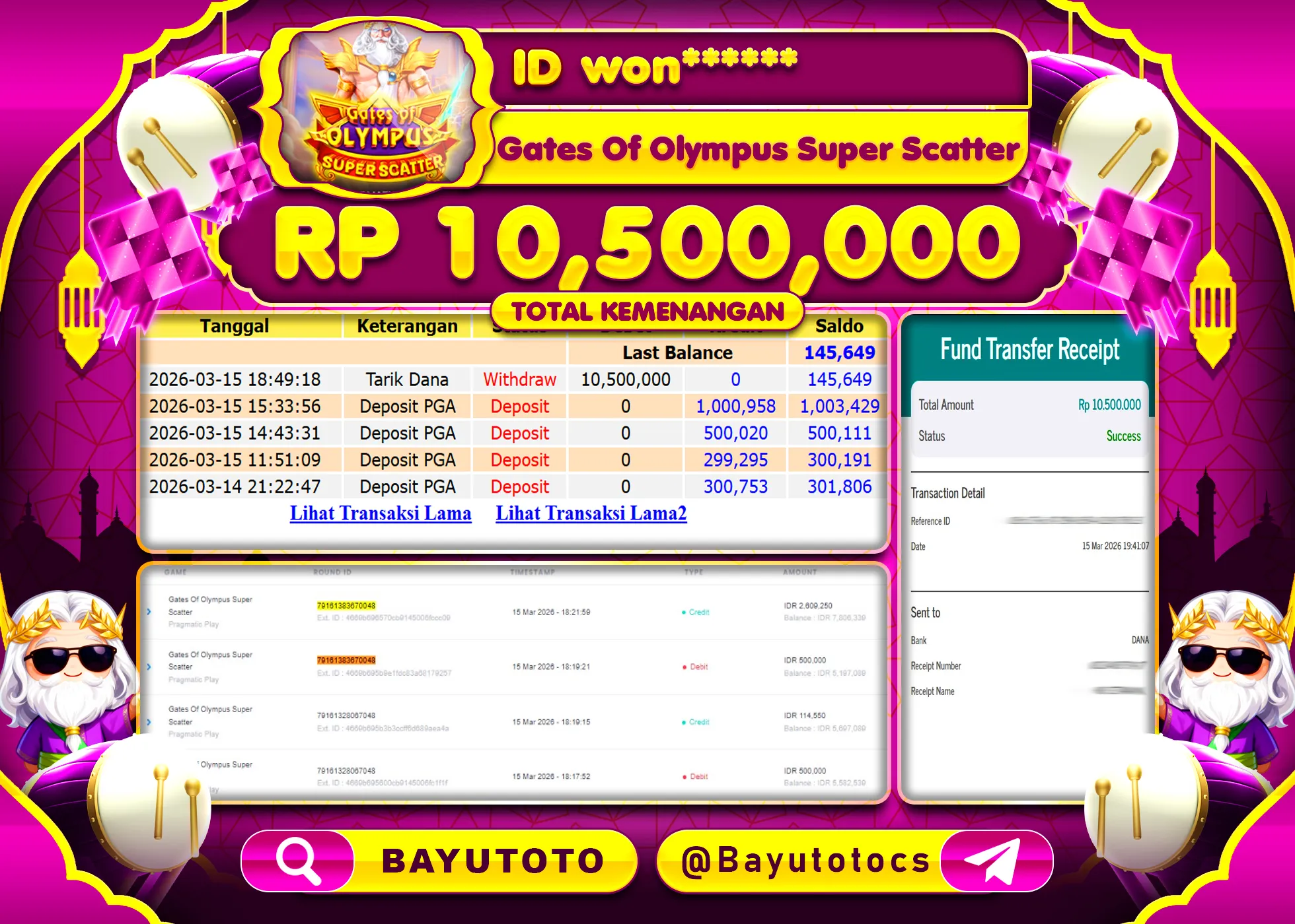 MEMBER SETIA BAYUTOTO JACKPOT DI SLOT GATES OF OLYMPUS SUPER SCATTER Rp. 10,500,000 LUNAS