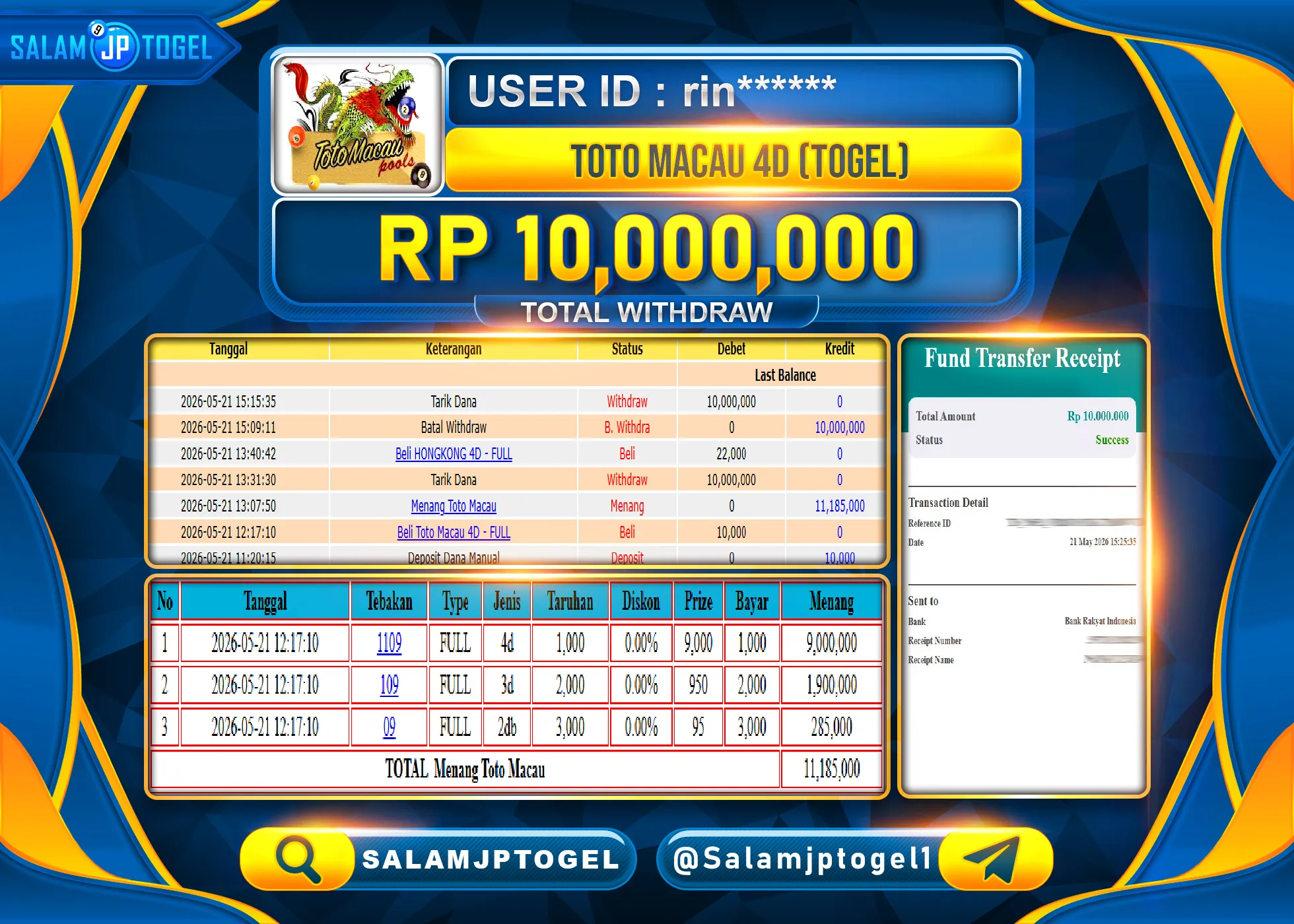 SALAMJPTOGEL Live JACKPOT Menang TOTO MACAU 4D (TOGEL) Rp.10,000,000 - LUNAS