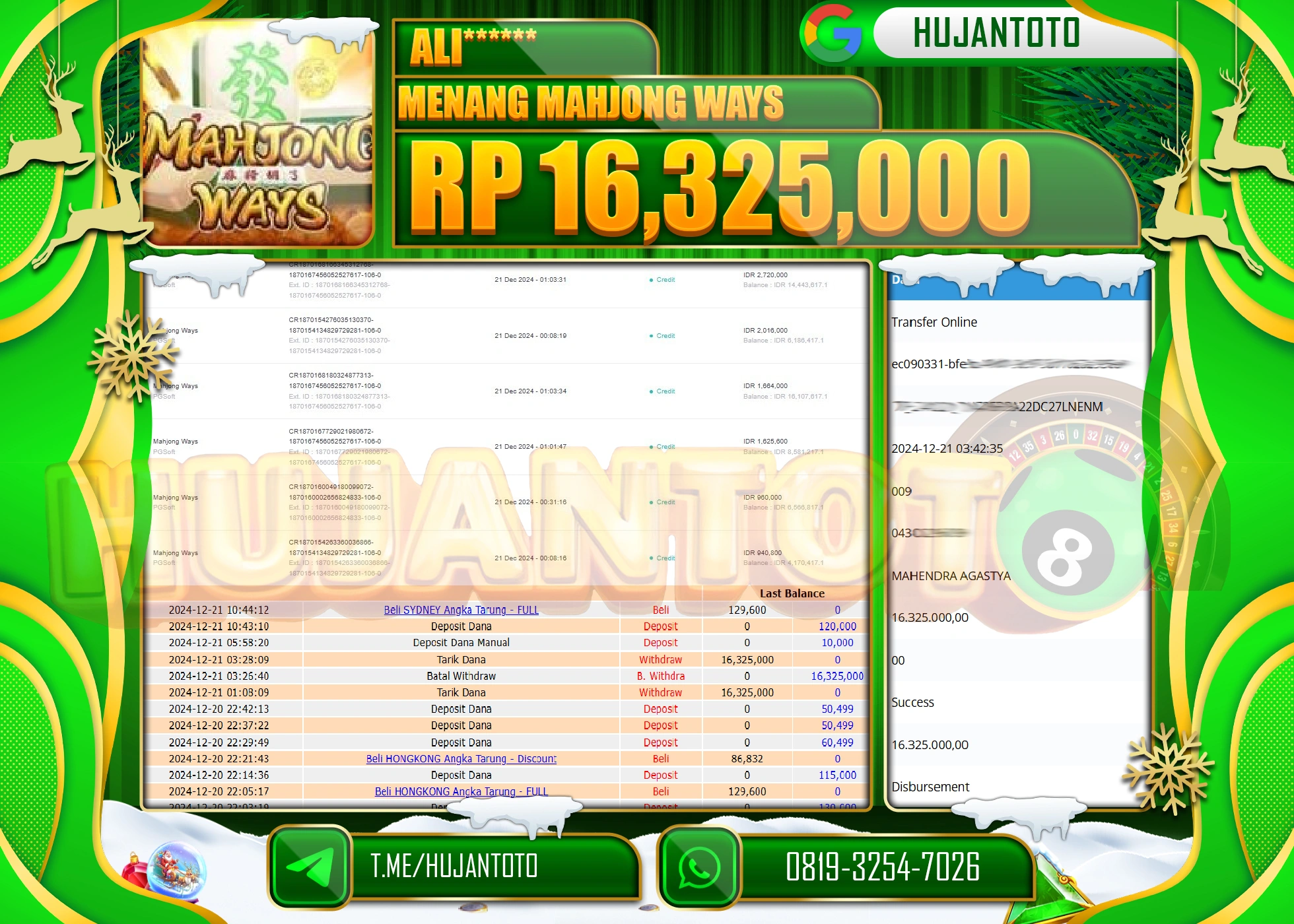 HUJANTOTO SELAMAT ATAS KEMENANGAN YANG DI RAIH DI PERMAINAN SLOT MAHJONG WAYS SEBESAR - 16,325,000 - TERBAYAR LUNAS