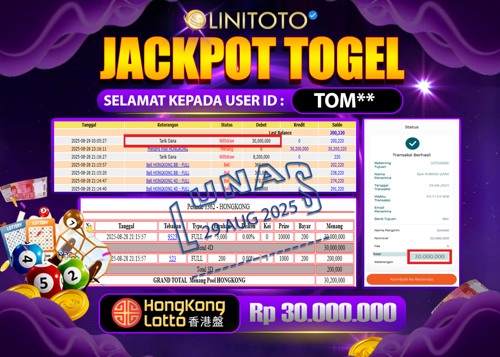 LINITOTO JACKPOT TOGEL HONGKONG LOTTO Rp.30.000.000- LUNAS
