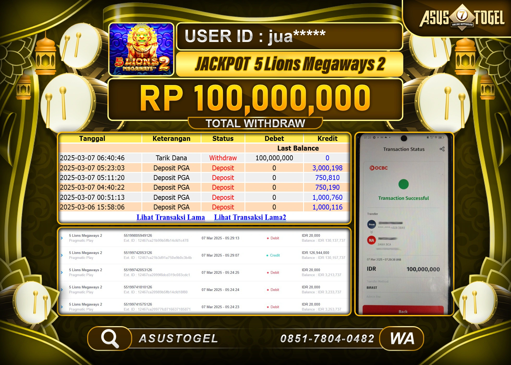 ASUSTOGEL KEMENANGAN DI 5 LIONS MEGAWAYS 2 SEBESAR 100,000,000- RUPIAH LUNAS