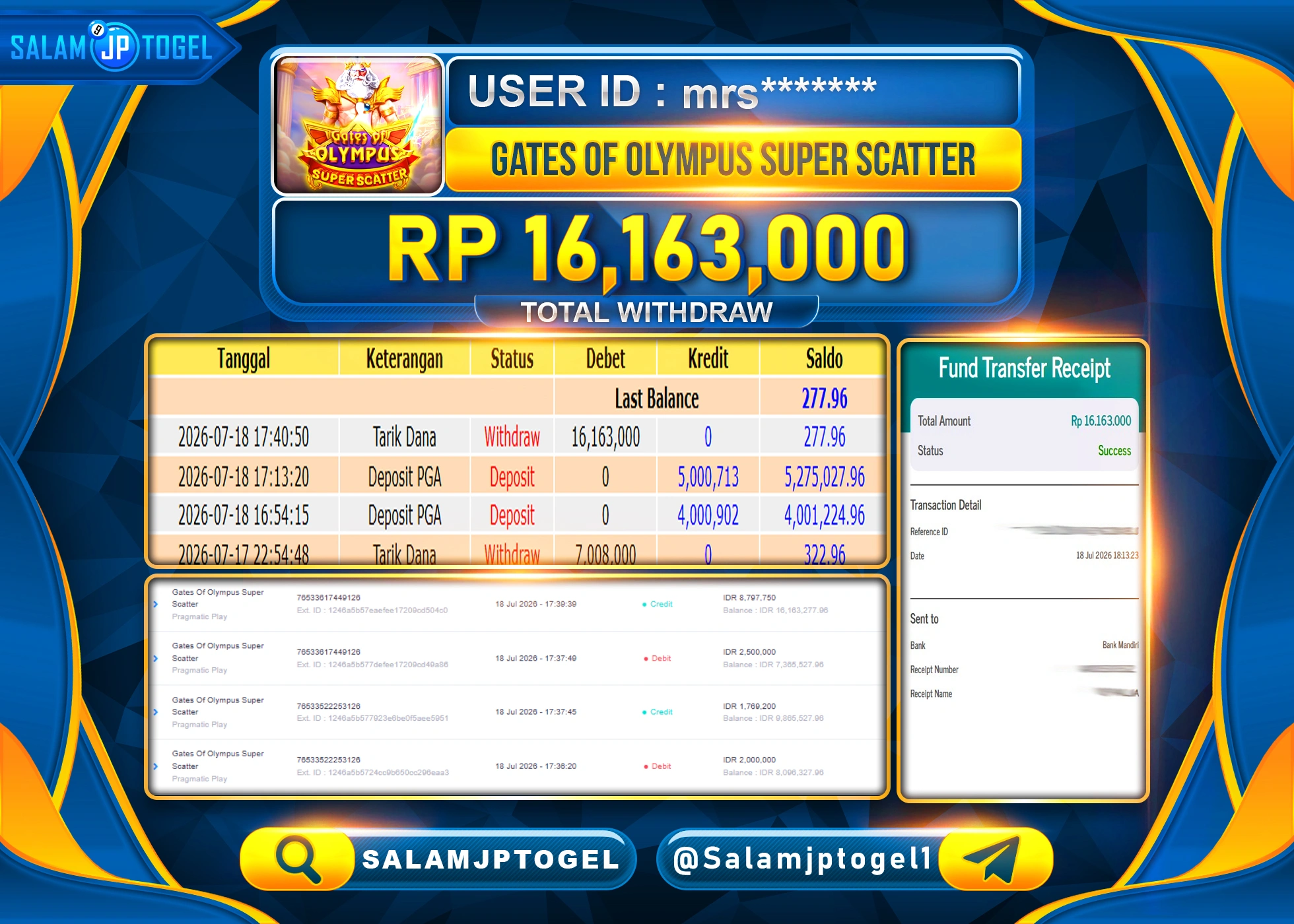 SALAMJPTOGEL JACKPOT MENANG SLOT GATES OF OLYMPUS SUPER SCATTER Rp.16,163,000 - LUNAS
