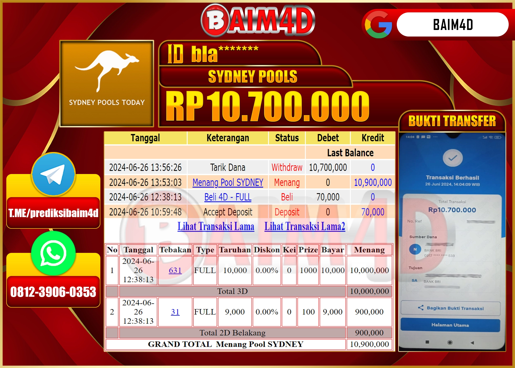 BAIM4D JACKPOT POOLS SYDNEY Rp.10,700,000.- LUNAS