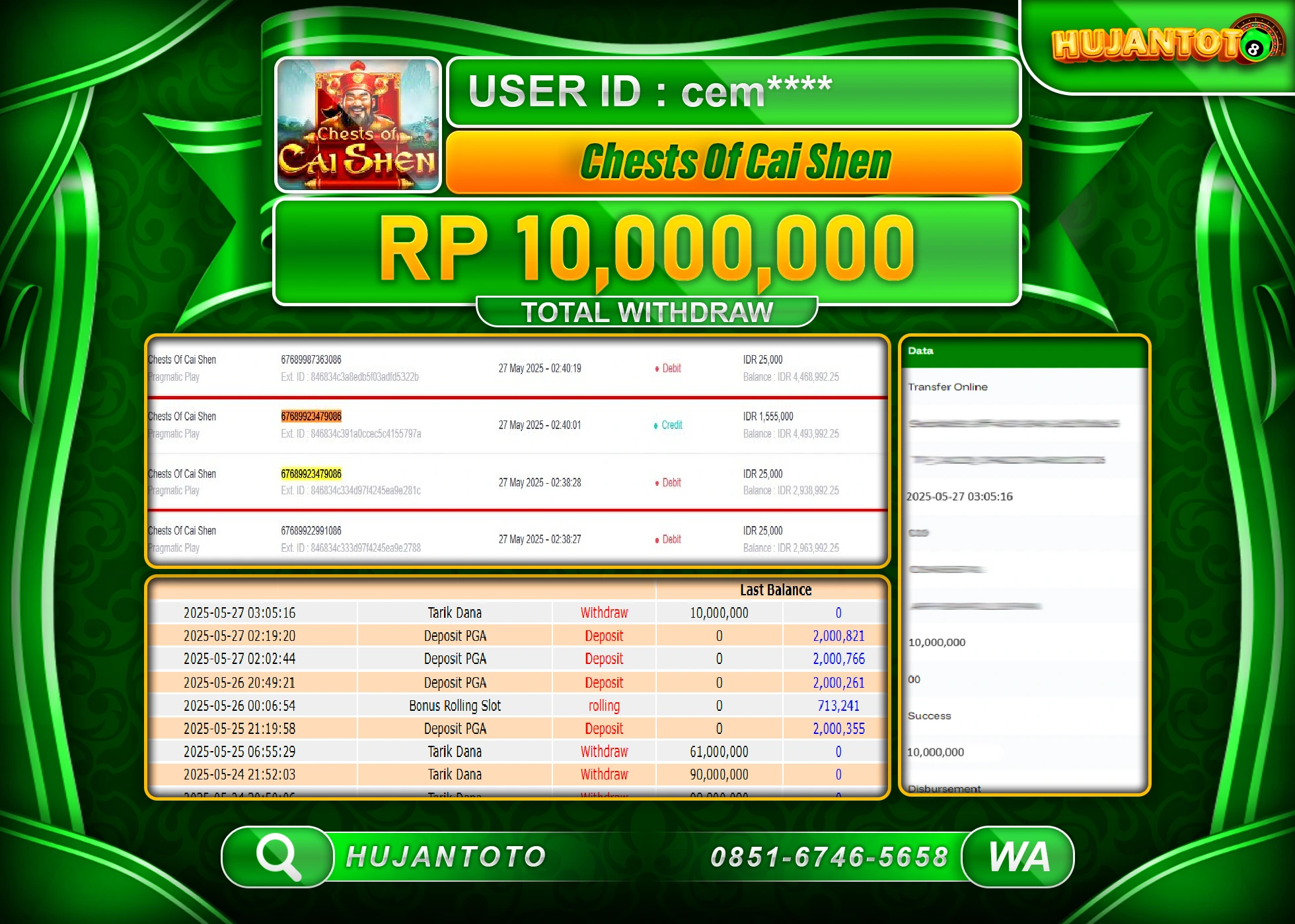 HUJANTOTO - BUKTI JACKPOT MENANG SLOT CHESTS OF CAI SHEN Rp,10,000,000 - TERBAYAR LUNAS