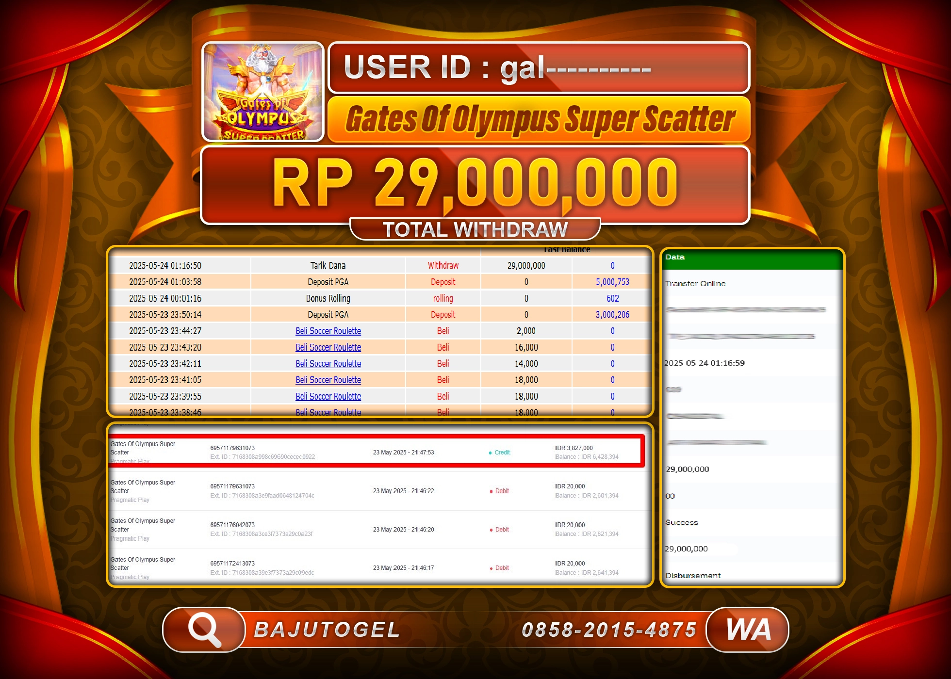 BAJUTOGEL KEMENANGAN OLYMPUS SUPER SCATTER  Rp.29.000.000 LUNAS