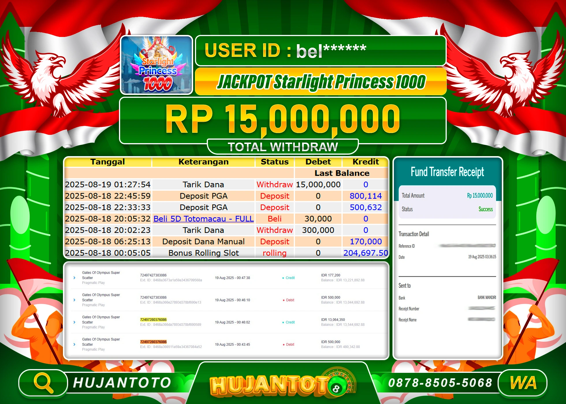 HUJANTOTO - BUKTI JACKPOT MENANG SLOT STARLIGHT PRINCESS 1000 Rp.15,000,000 - TERBAYAR LUNAS