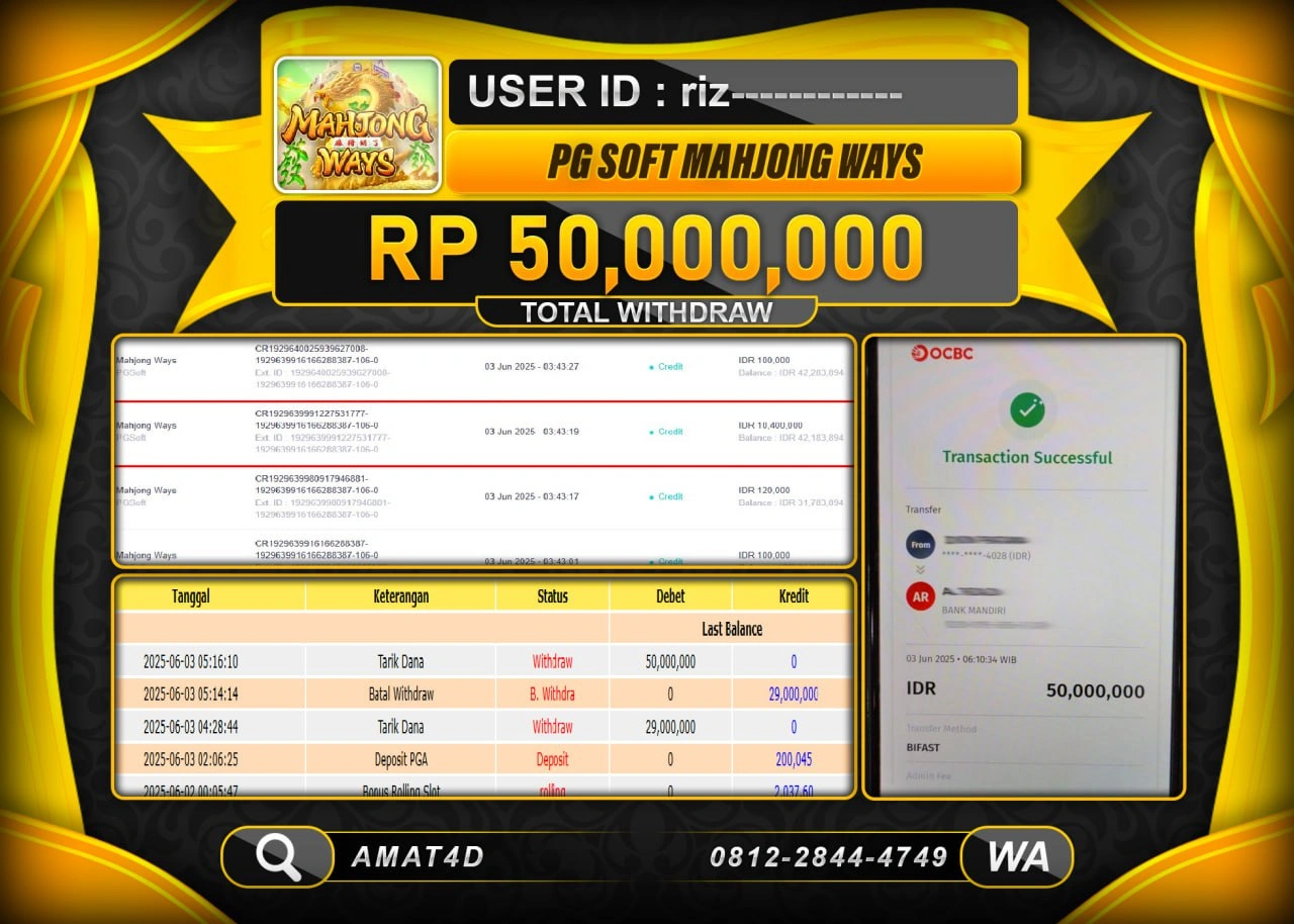 AMAT4D KEMENANGAN SLOT MAHJONG WAYS Rp.50.000.000 BERHASIL TERBAYAR LUNAS