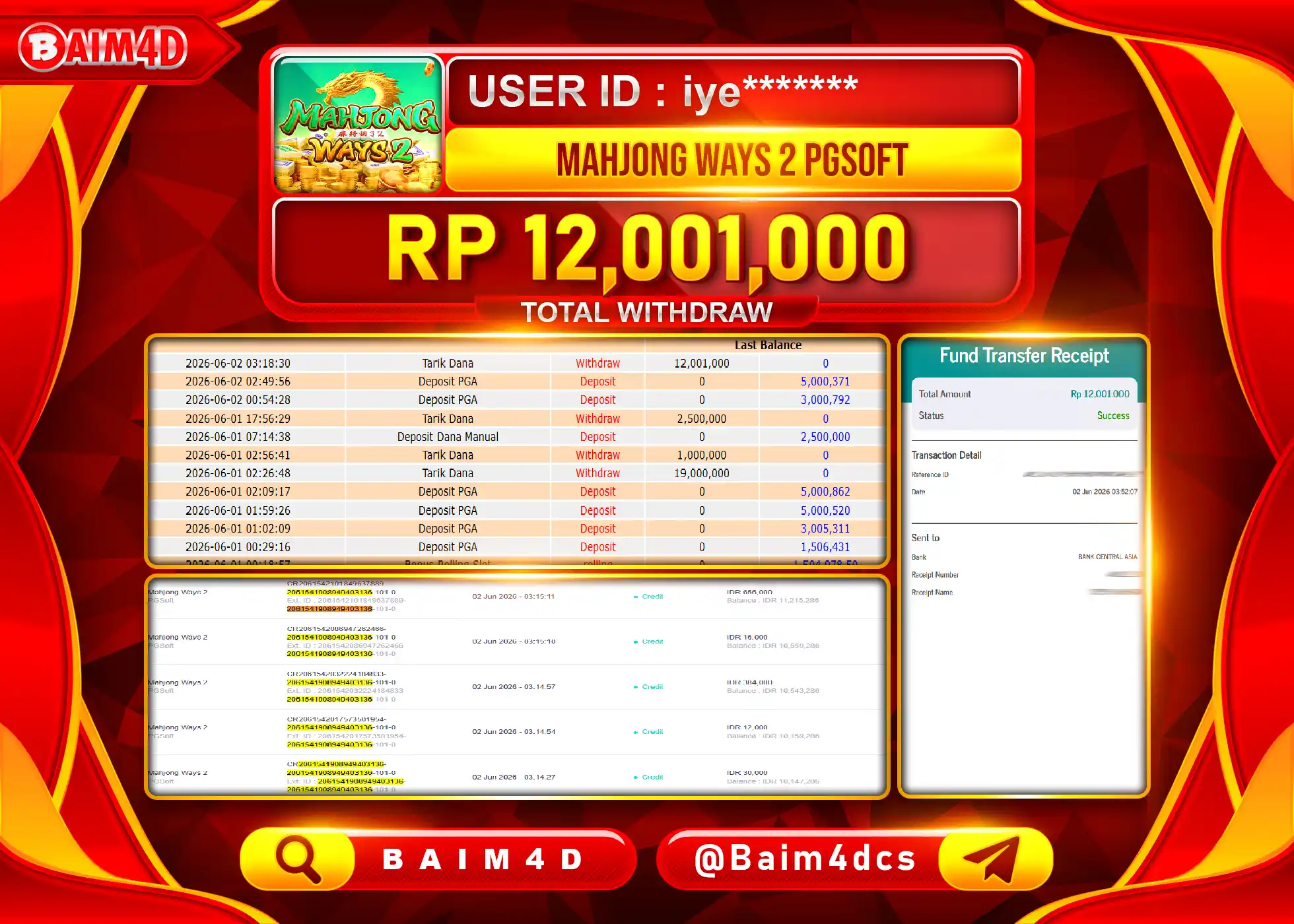 BAIM4D JACKPOT SLOT MAHJONG WAYS 2 Rp.12,001,000 - LUNAS