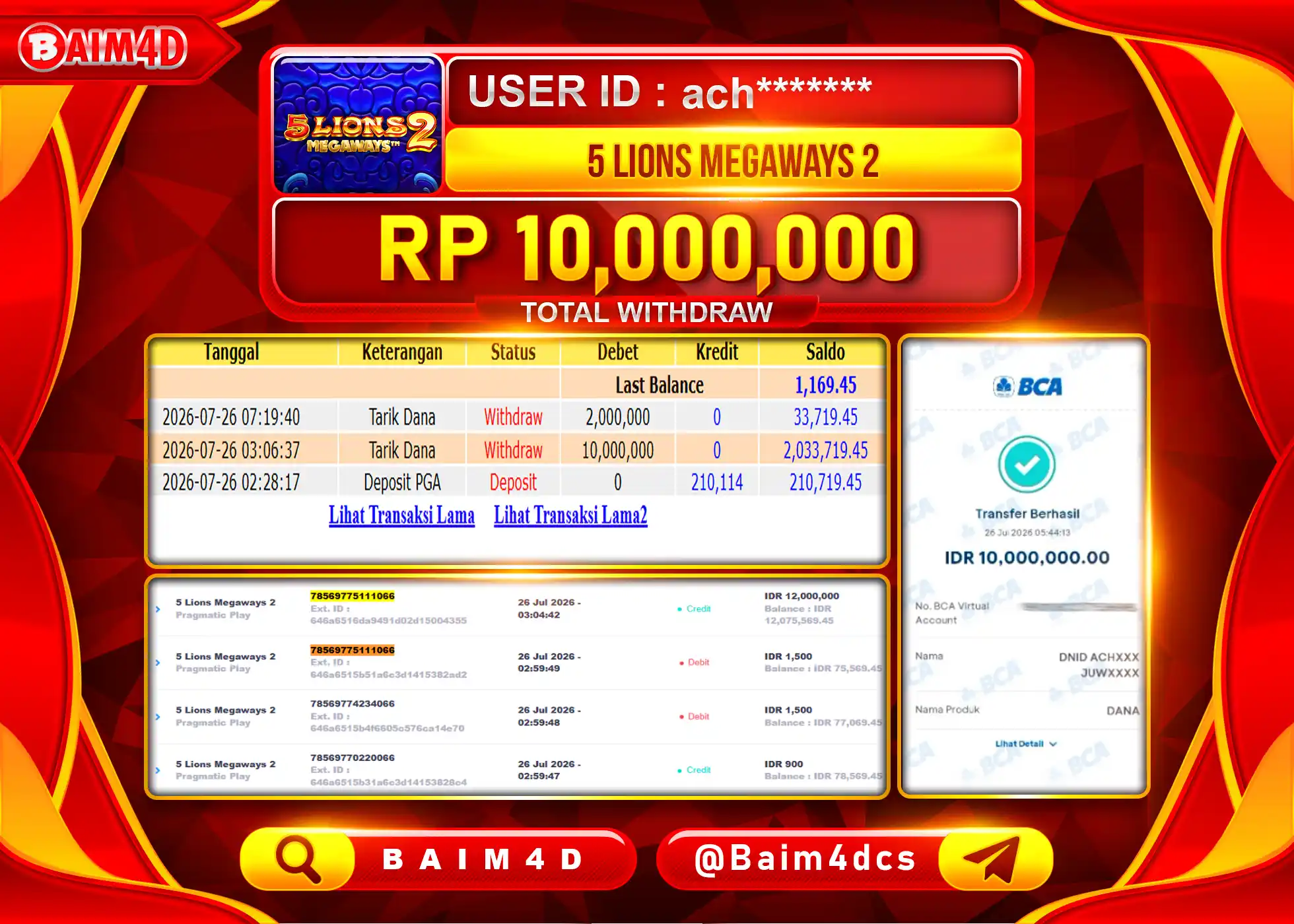BAIM4D JACKPOT SLOT 5 LIONS MEGAWAYS 2 Rp.10,000,000 - LUNAS