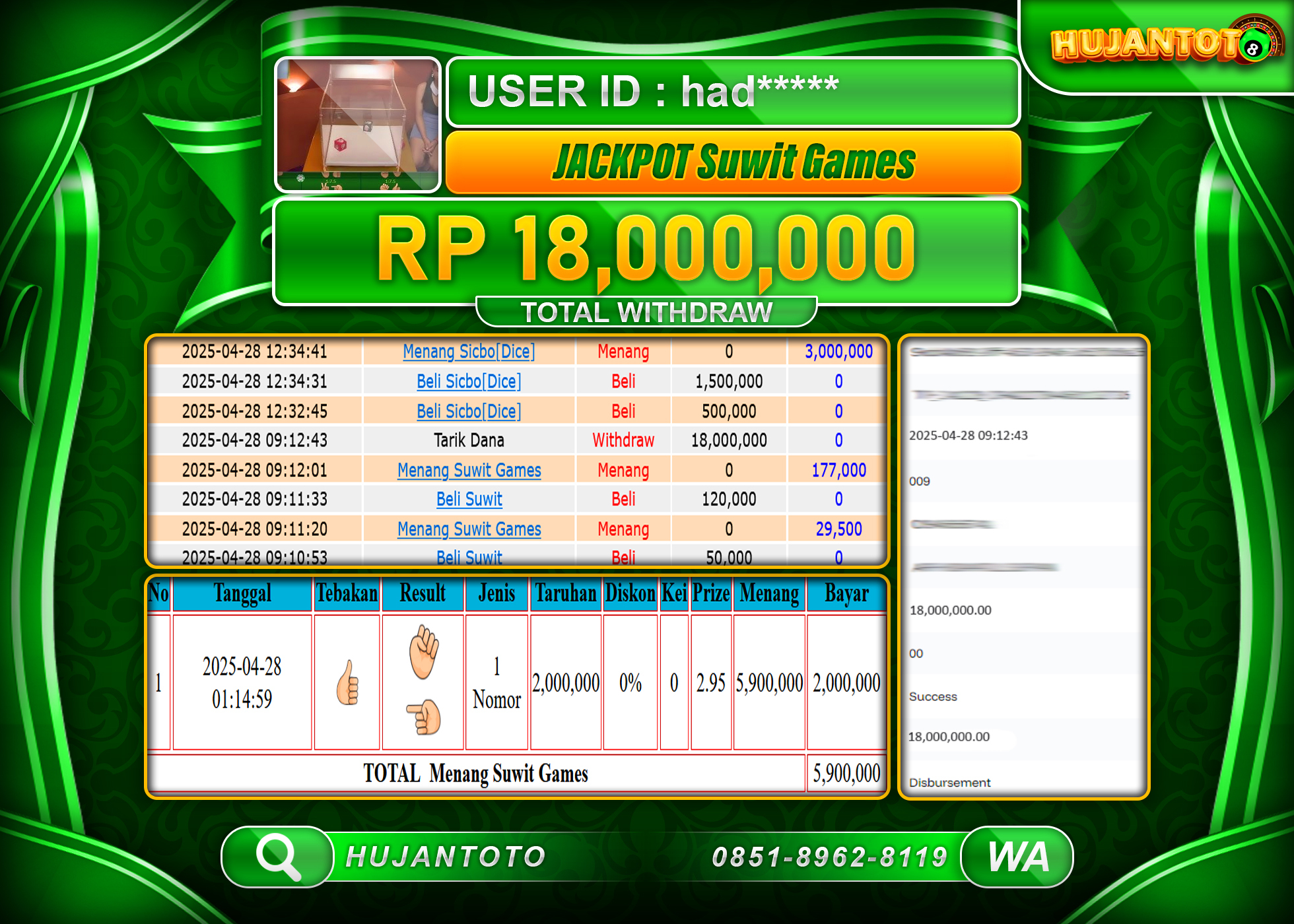 HUJANTOTO - BUKTI JACKPOT MENANG JACKPOT DI GAME SUWIT GAMES Rp,18,000,000 - TERBAYAR LUNAS