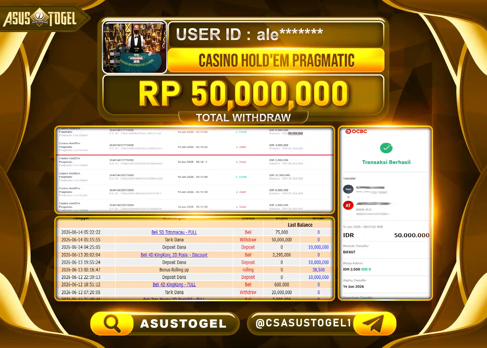 ASUSTOGEL KEMENANGAN JACKPOT PERMAINAN CASINO HOLD EM PRAGMATIC Rp.50,000,000 - RUPIAH LUNAS