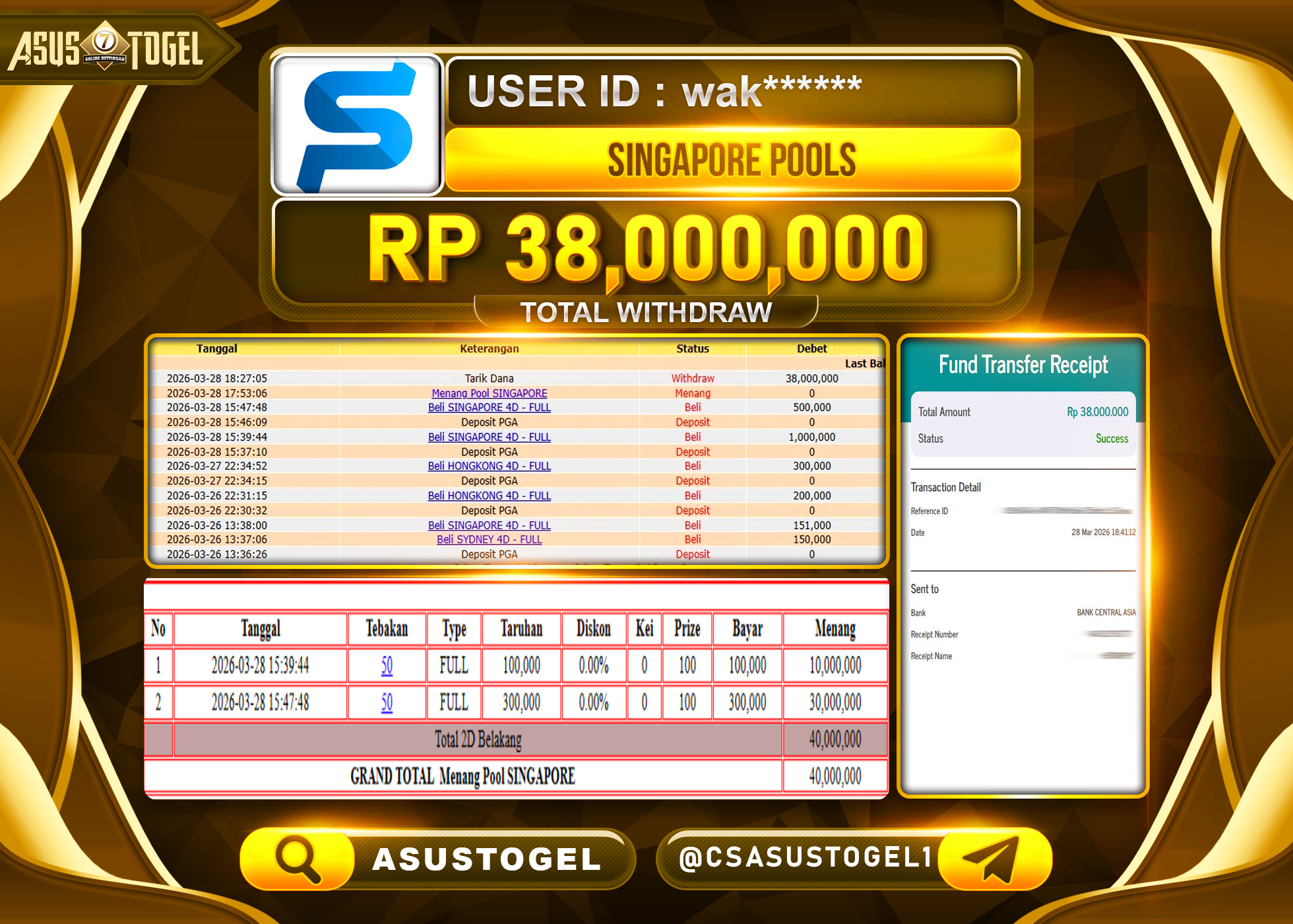 ASUSTOGEL KEMENANGAN JACKPOT DI TOGEL SINGAPORE POOLS Rp.38,000,000 - RUPIAH LUNAS
