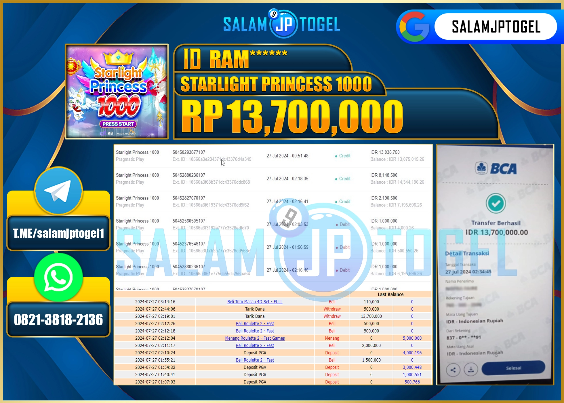 SALAMJPTOGEL MENANG STARLIGHT PRINCESS 1000  RP. 13,700,000.,LUNAS