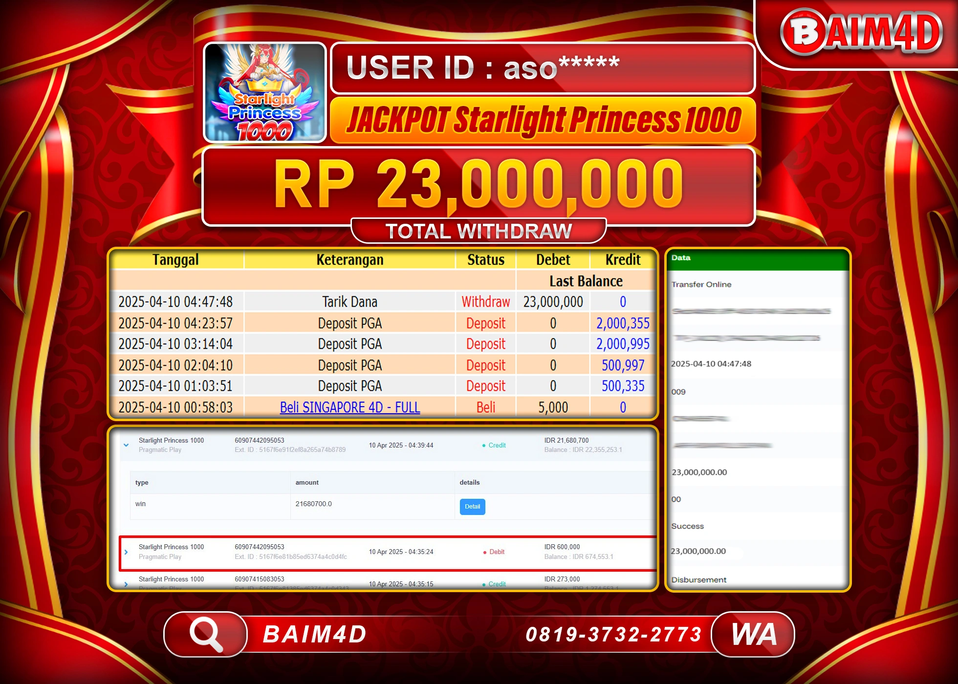 BAIM4D  MENANG  STARLIGHT PRINCESS 1000 Rp.23.000,000.- LUNAS