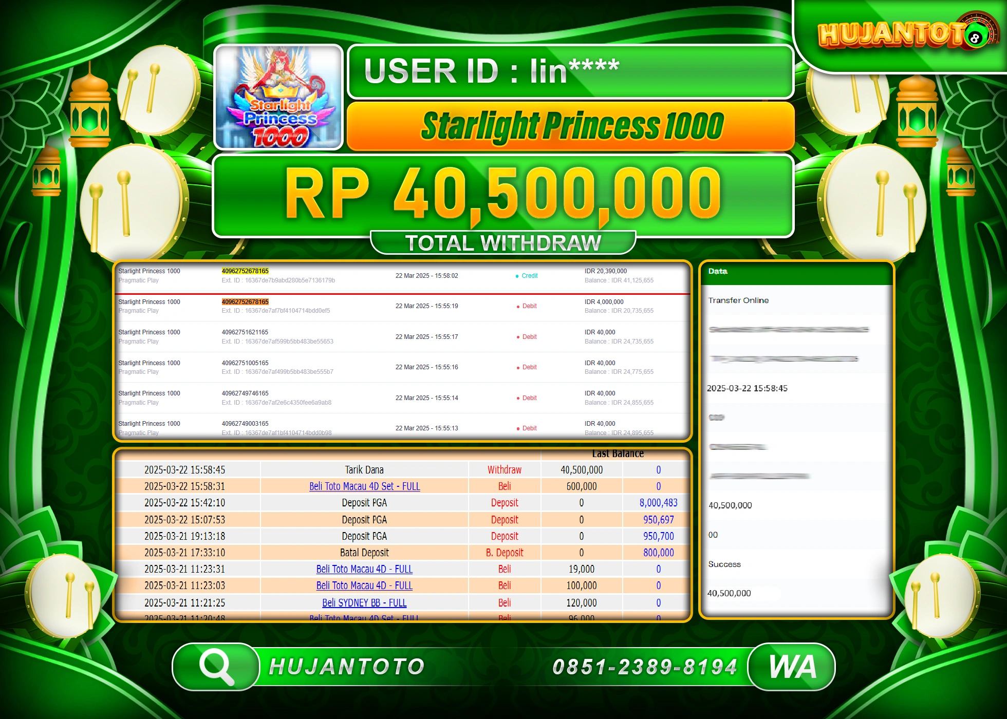HUJANTOTO - BUKTI JACKPOT MENANG STARLIGHT PRINCESS 1000 Rp,40,500,000 - TERBAYAR LUNAS