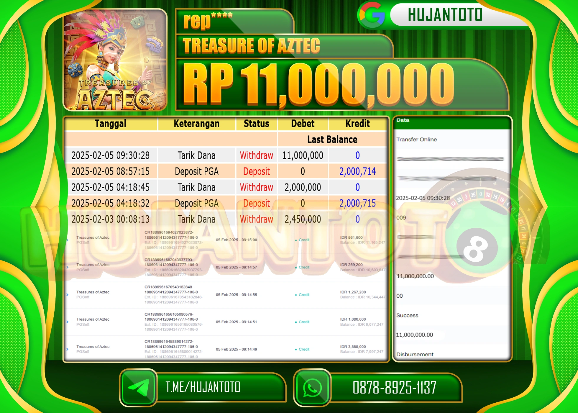HUJANTOTO - BUKTI JACKPOT MENANG SLOT TREASURE OF AZTEC Rp,11,000,000 - TERBAYAR LUNAS