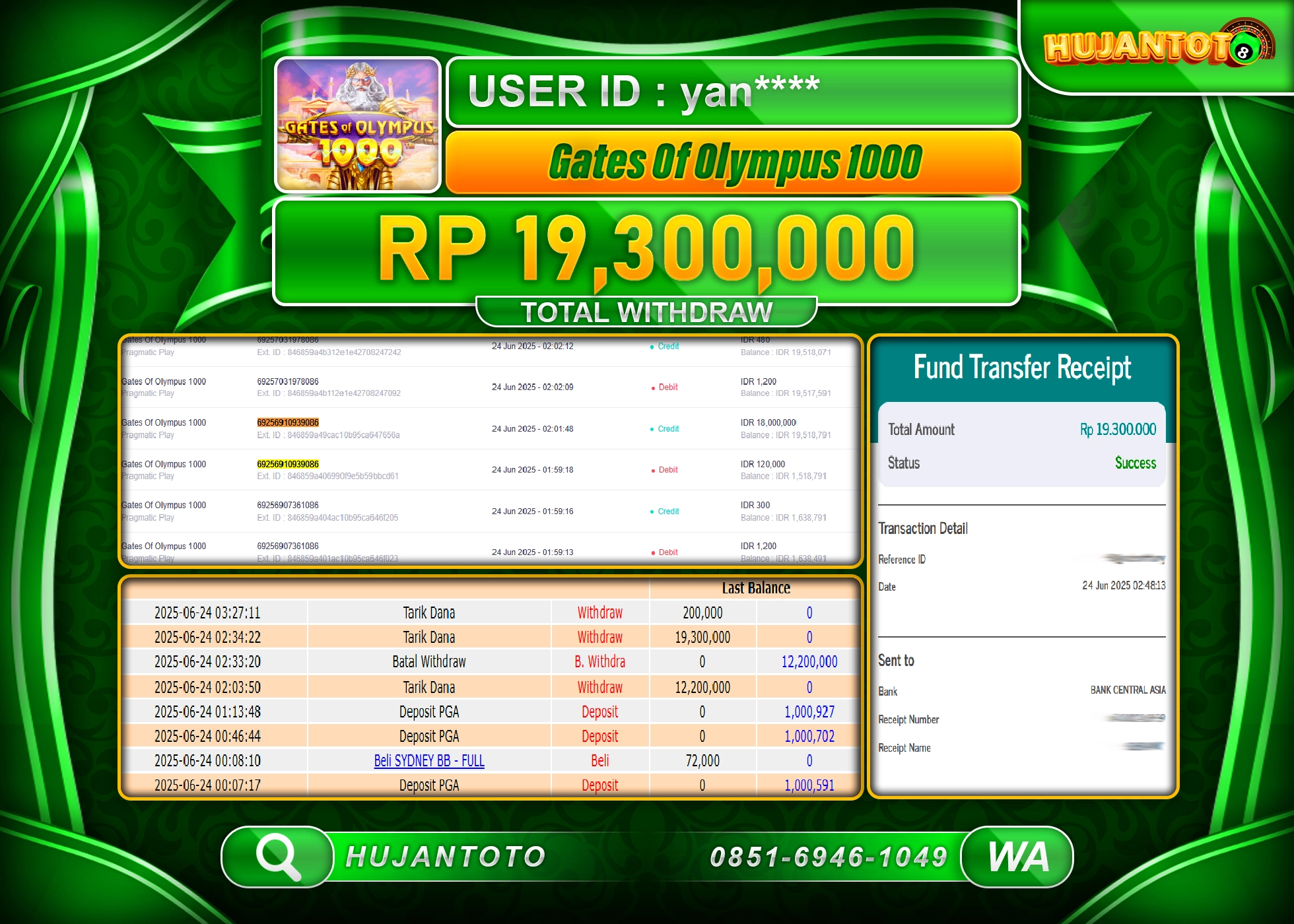 HUJANTOTO - BUKTI JACKPOT MENANG SLOT GATES OF OLYMPUS 1000 Rp.19,300,000 - TERBAYAR LUNAS