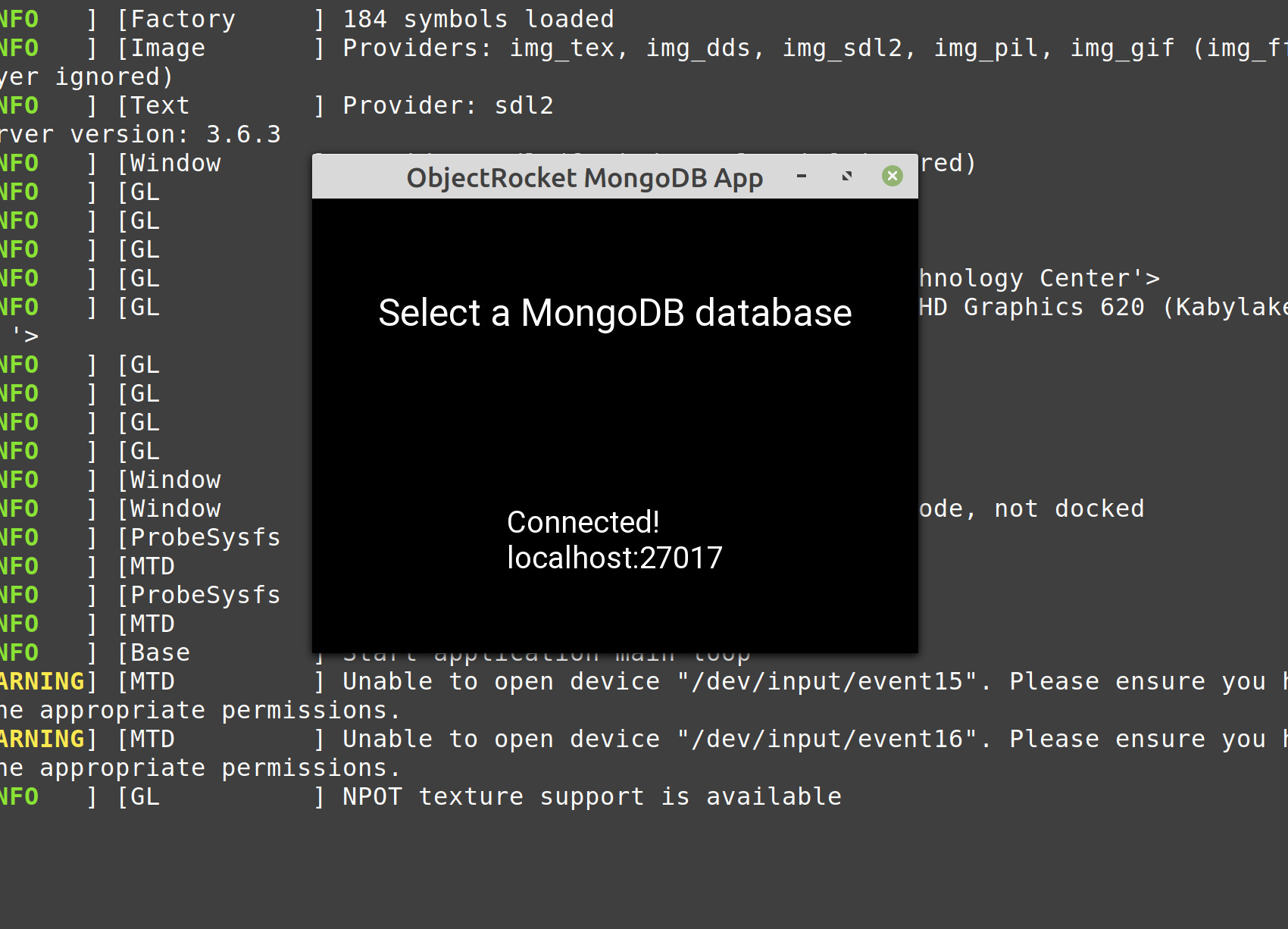Screenshot of the MongoDB Kivy application running using Python
