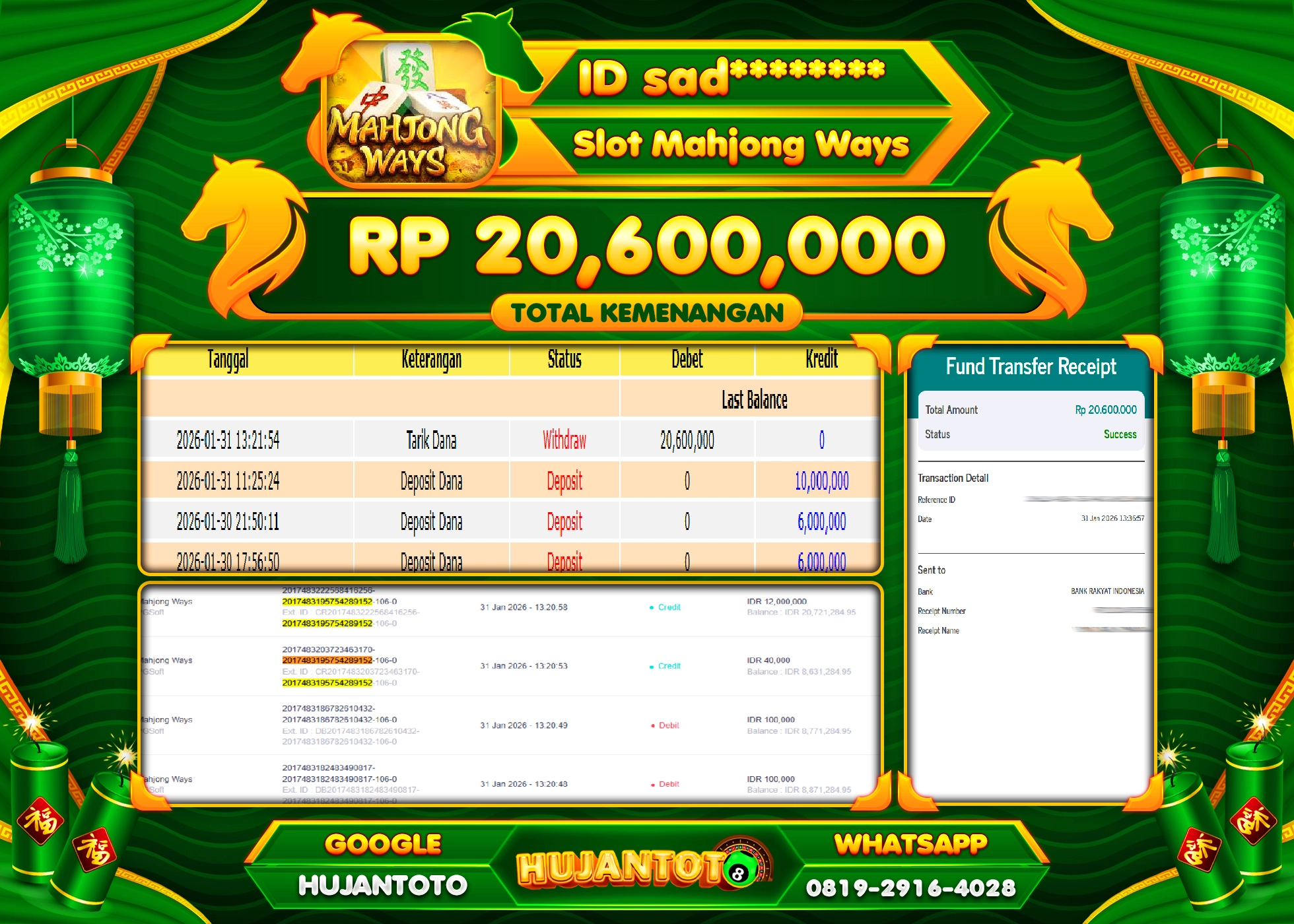 HUJANTOTO - BUKTI JACKPOT MENANG SLOT MAHJONG WAYS Rp.20,600,000 - TERBAYAR LUNAS