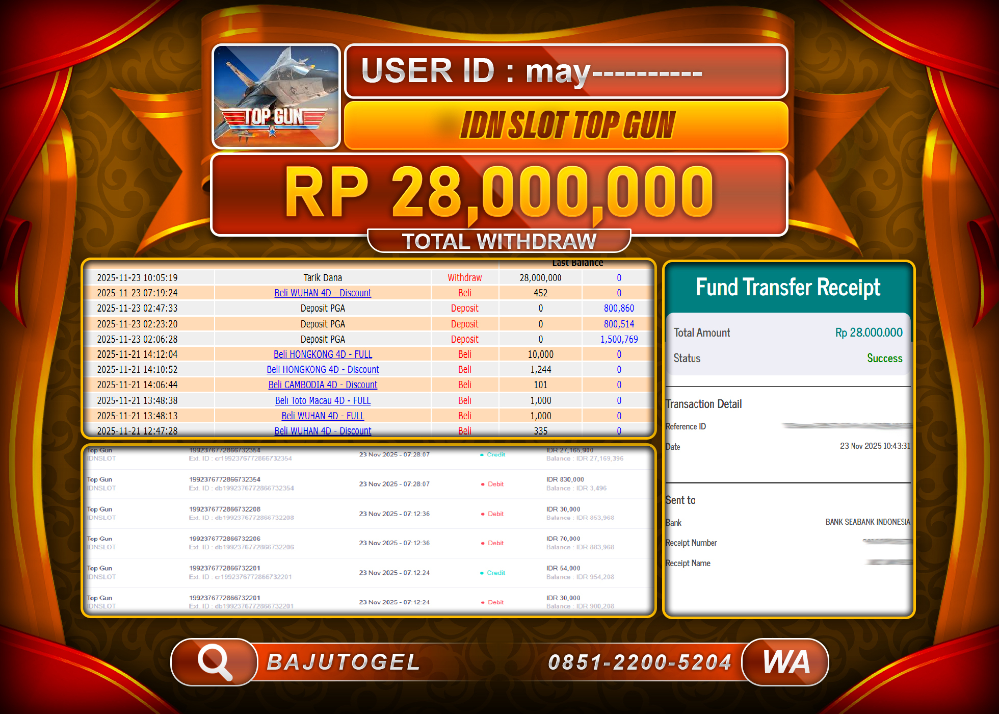BAJUTOGEL KEMENANGAN DI GAME  IDN SLOT TOP GUN 1000 Rp.28,000,000 LUNAS