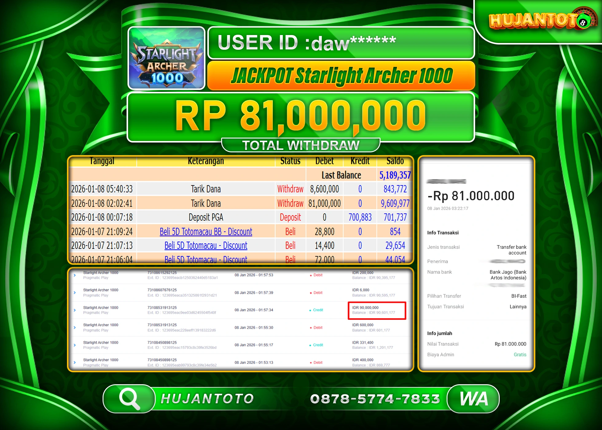 HUJANTOTO - BUKTI JACKPOT MENANG SLOT STARLIGHT ARCHER 1000 Rp.81,000,000 - TERBAYAR LUNAS