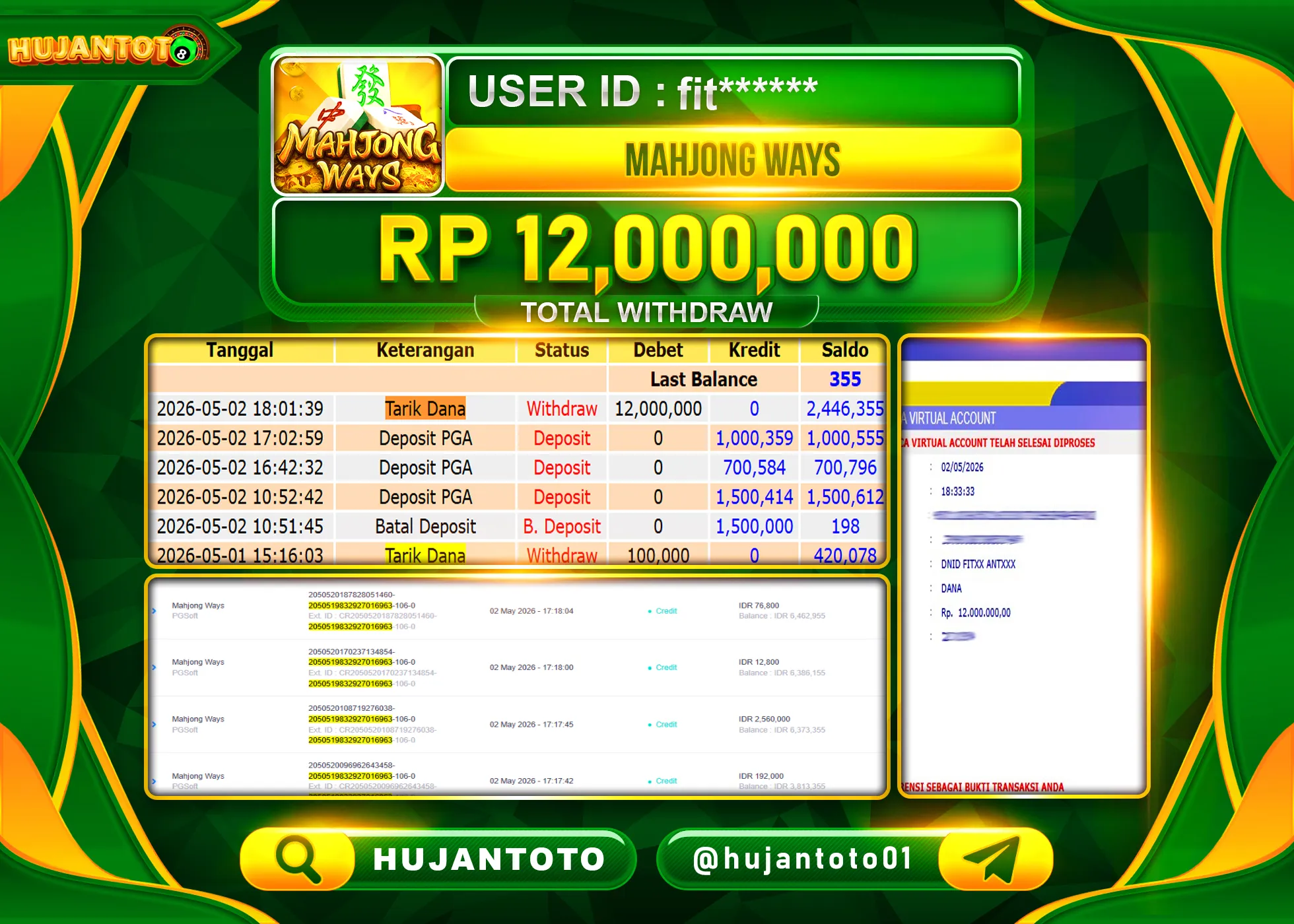 HUJANTOTO - BUKTI JACKPOT MENANG SLOT MAHJONG WAYS  PG SOFT  Rp.12,000,000 - TERBAYAR LUNAS