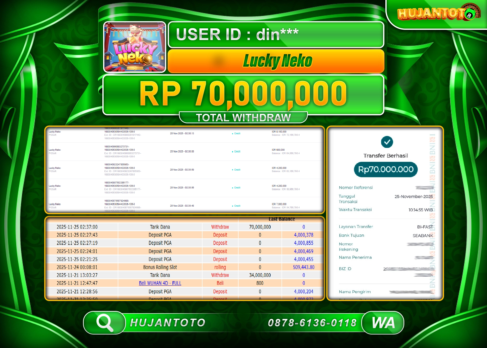 HUJANTOTO - BUKTI JACKPOT MENANG SLOT LUCKY NEKO - PG SOFT Rp.70,000,000 - TERBAYAR LUNAS
