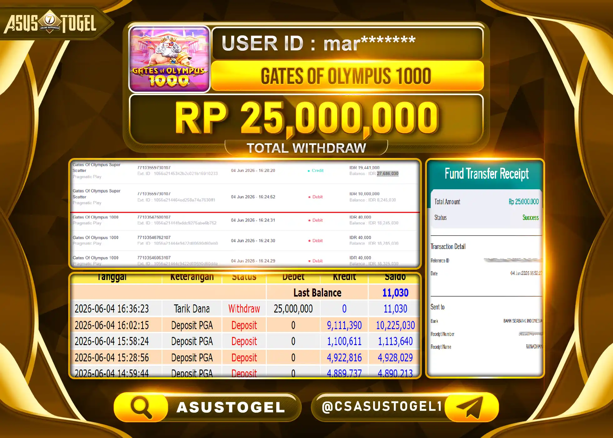 ASUSTOGEL KEMENANGAN JACKPOT SLOT GATE OF OLYMPUS 1000 Rp.25,000,000 - RUPIAH LUNAS