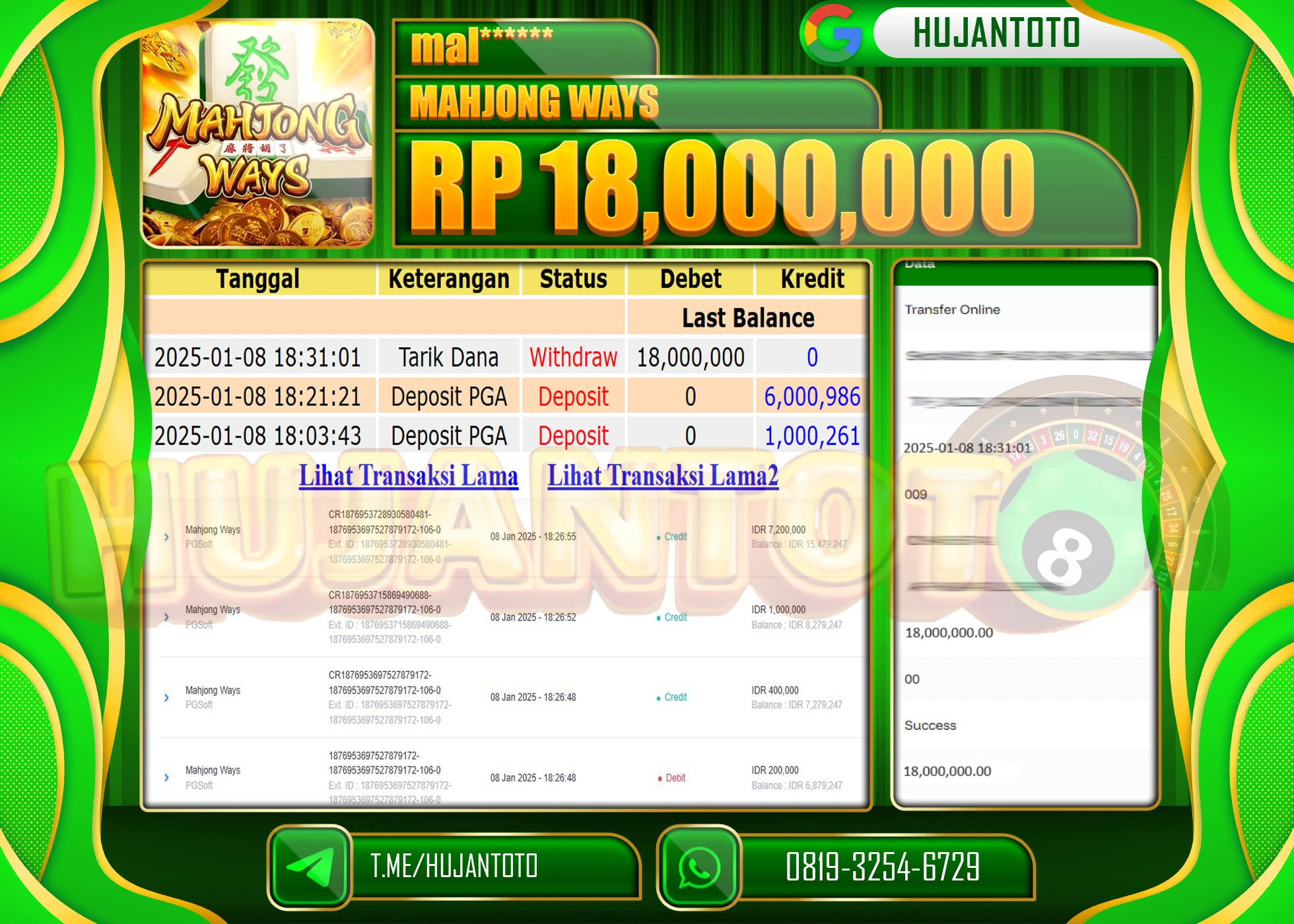 HUJANTOTO - BUKTI JACKPOT DI PERMAINAN SLOT MAHJONG WAYS Rp,18,000,000,- TERBAYAR LUNAS