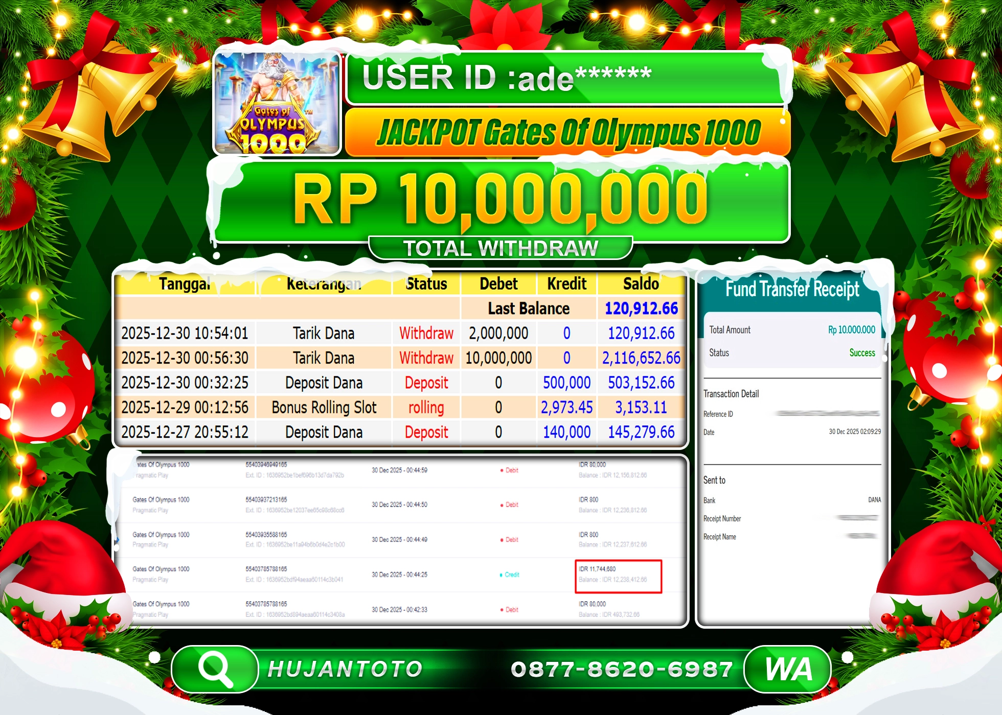 HUJANTOTO - BUKTI JACKPOT KEMENANGAN DI SLOT GATES OF OLYMPUS 1000 Rp.10,000,000 - TERBAYAR LUNAS