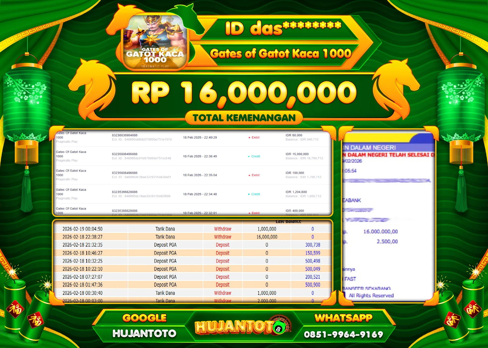 HUJANTOTO - BUKTI JACKPOT MENANG SLOT GATES OF GATOT KACA 1000 Rp.16,000,000 - TERBAYAR LUNAS