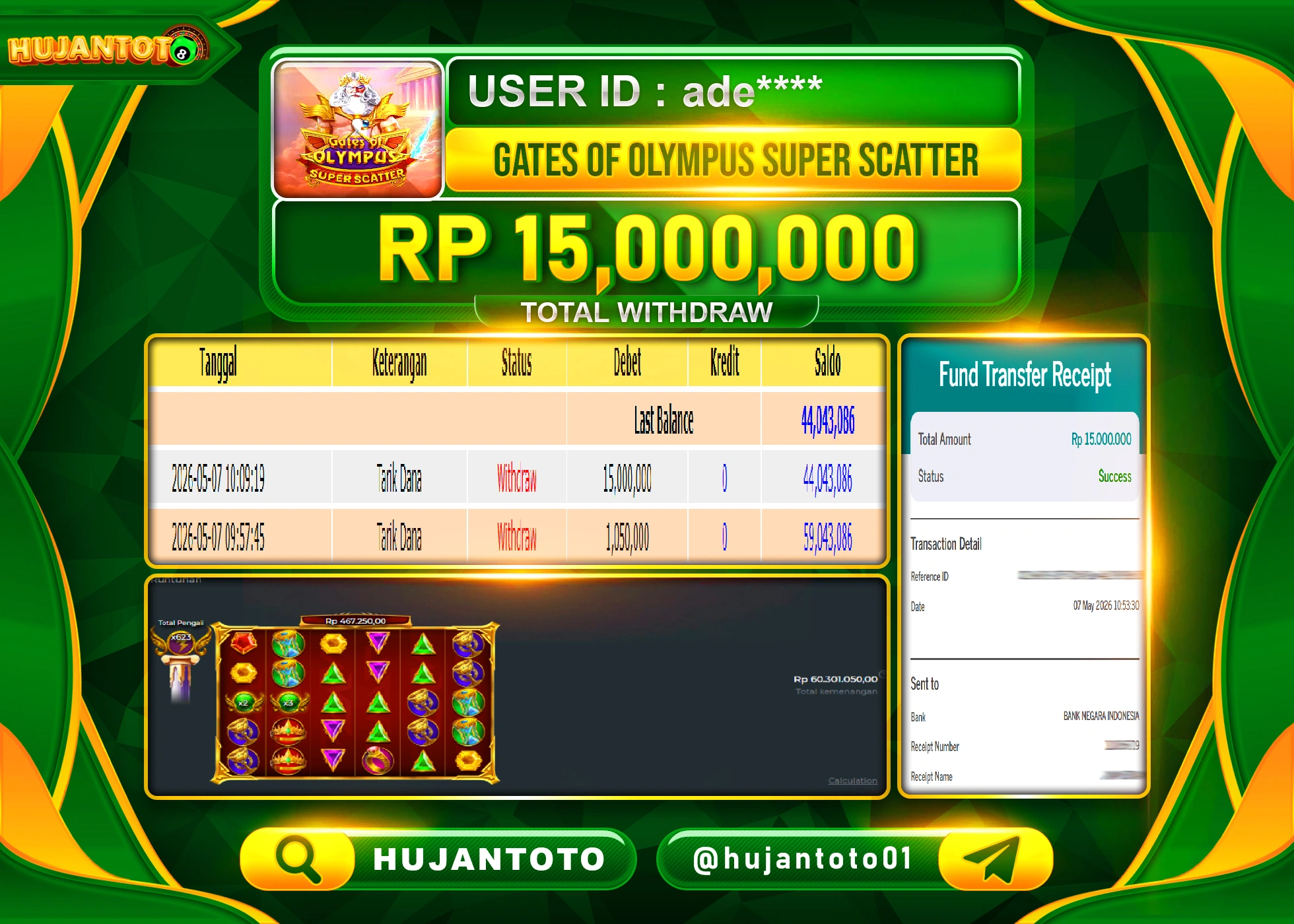 HUJANTOTO - BUKTI JACKPOT MENANG SLOT GATES OF OLYMPUS SUPER SCATTER Rp.15,000,000 - TERBAYAR LUNAS