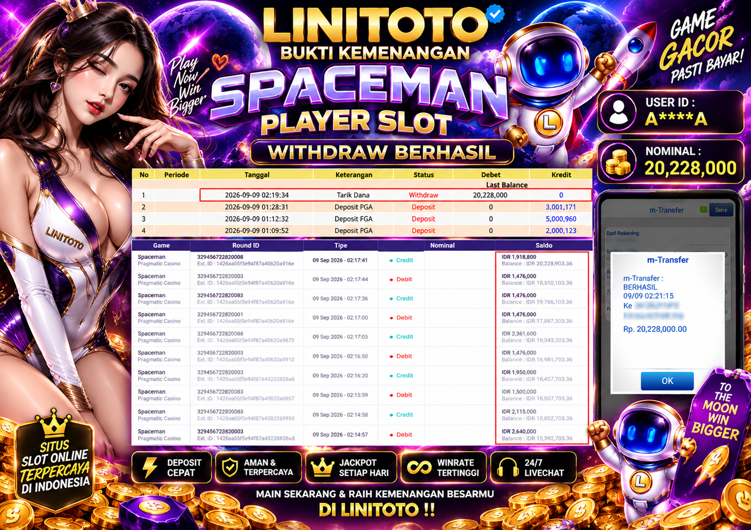 LINITOTO JACKPOT SLOT SPACEMAN  Rp.20,228,000- LUNAS