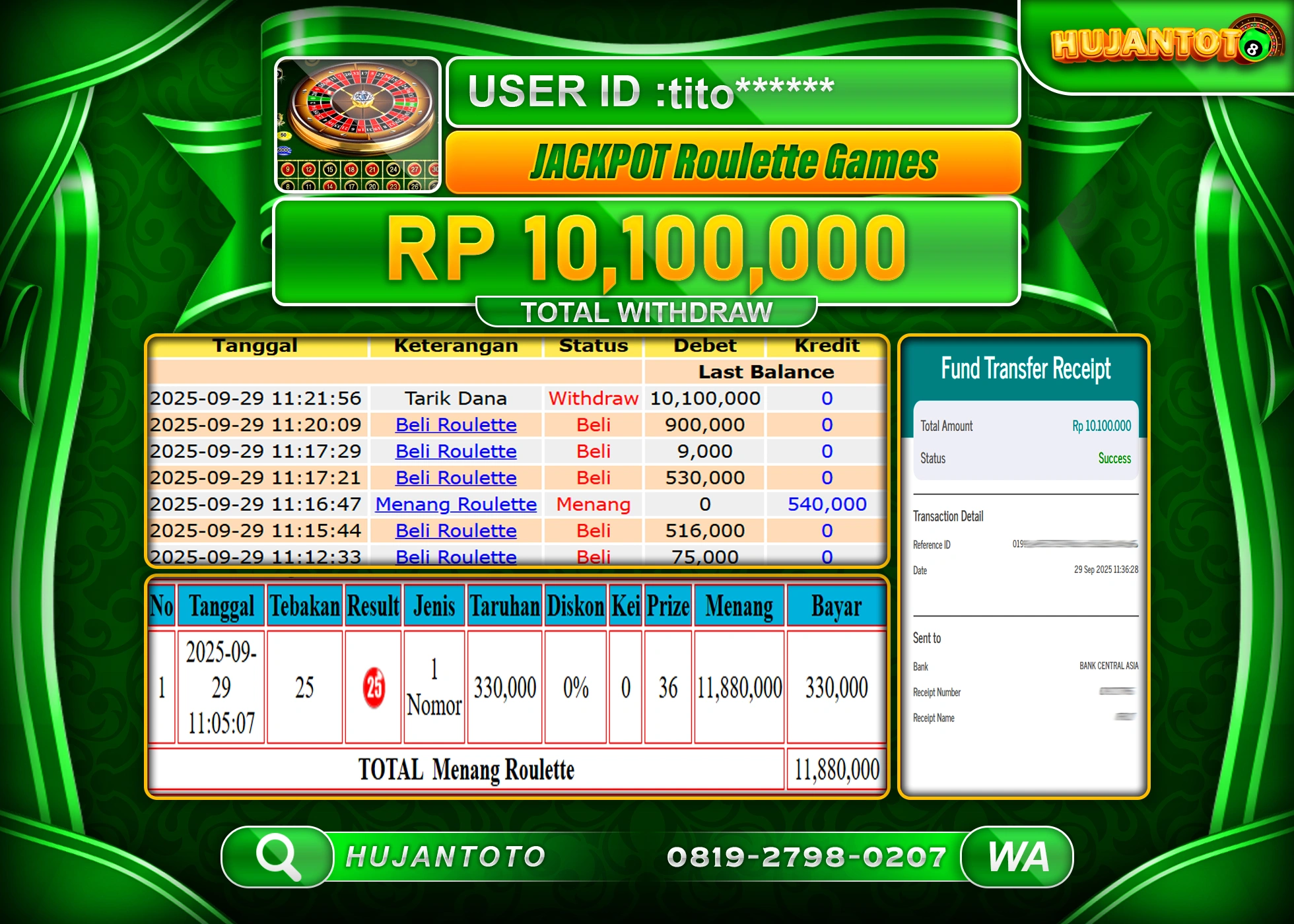 HUJANTOTO - BUKTI JACKPOT MENANG LIVEGAME ROULETTE GAMES Rp.10,100,000 - TERBAYAR LUNAS