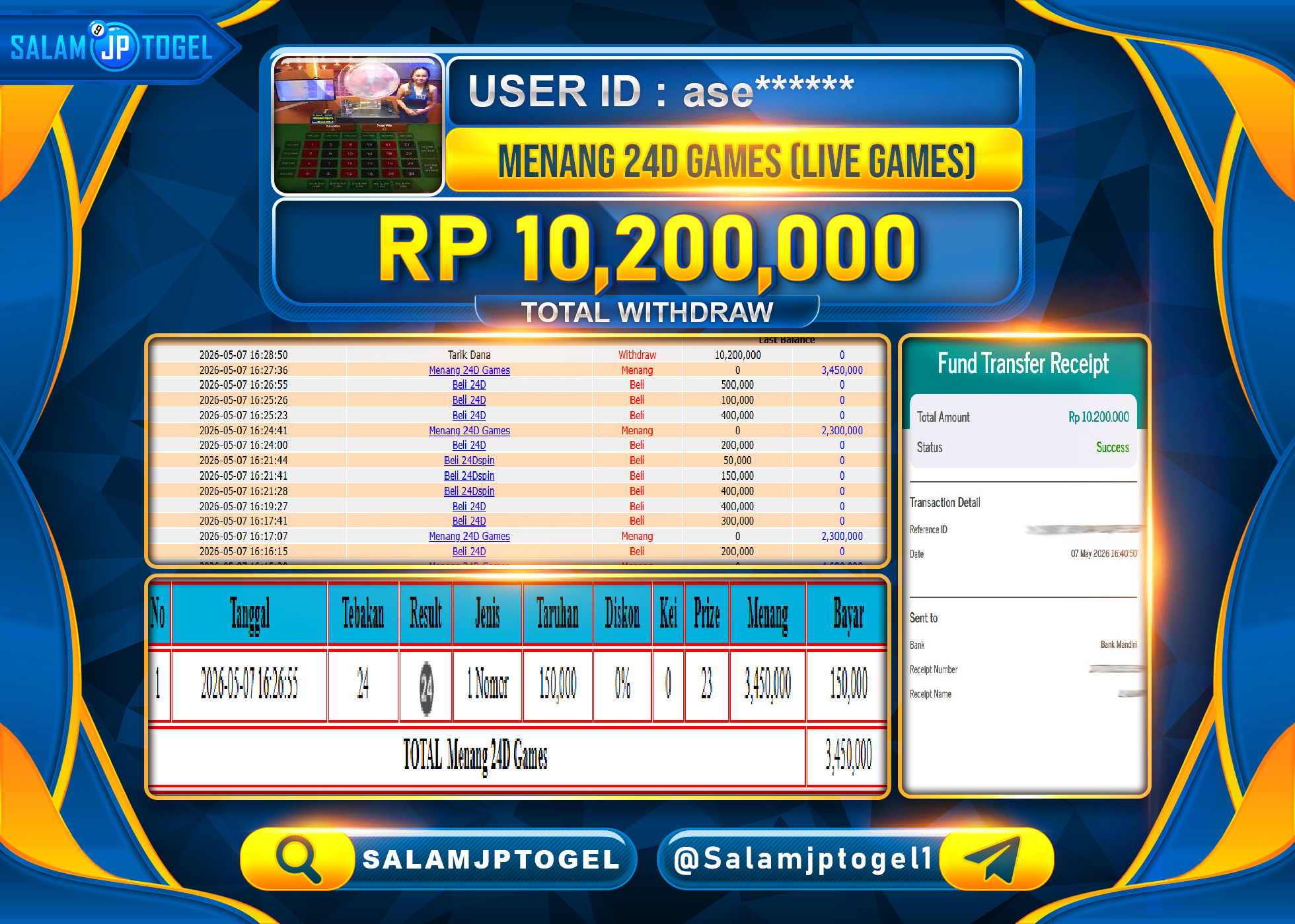 SALAMJPTOGEL Menang 24D Games (LIVEGAMES) Rp.10,200,000- LUNAS