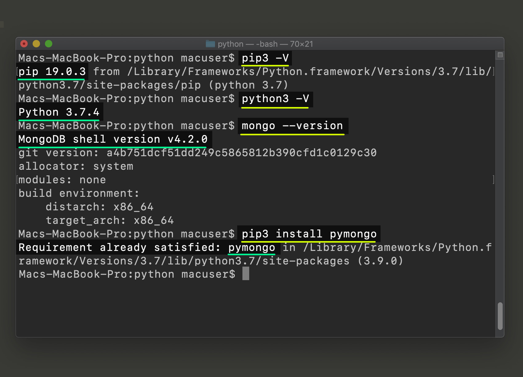 Screenshot of terminal returning mongo, Python 3, and PIP3 version, and installing pymongo