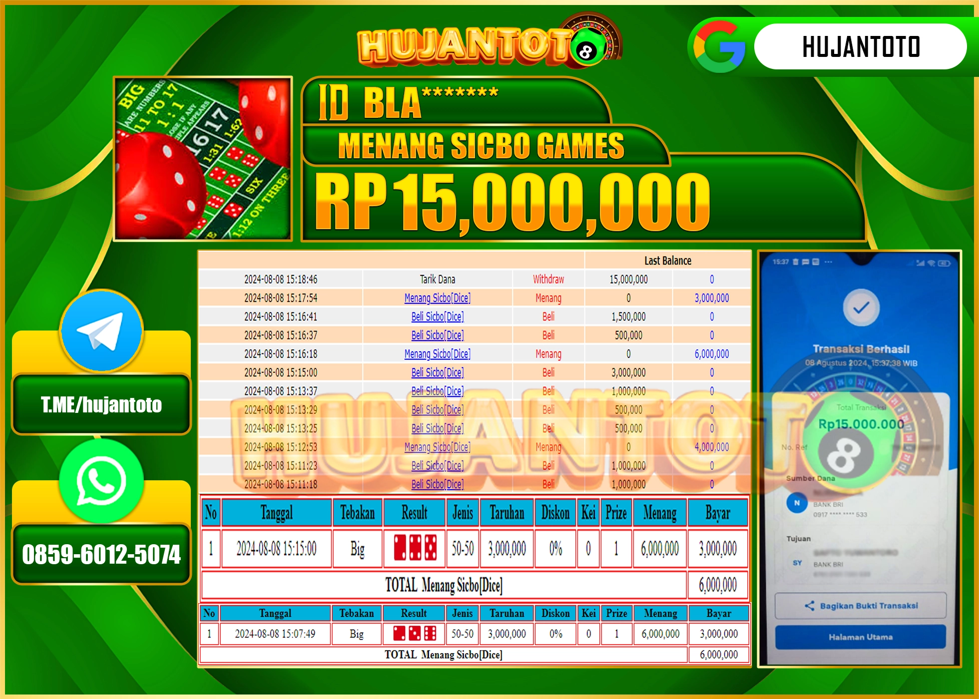 HUJANTOTO MENANG BESAR DI PERMAINAN LIVEGAME SICBO  GAMES  15.000.000 - LUNAS 
