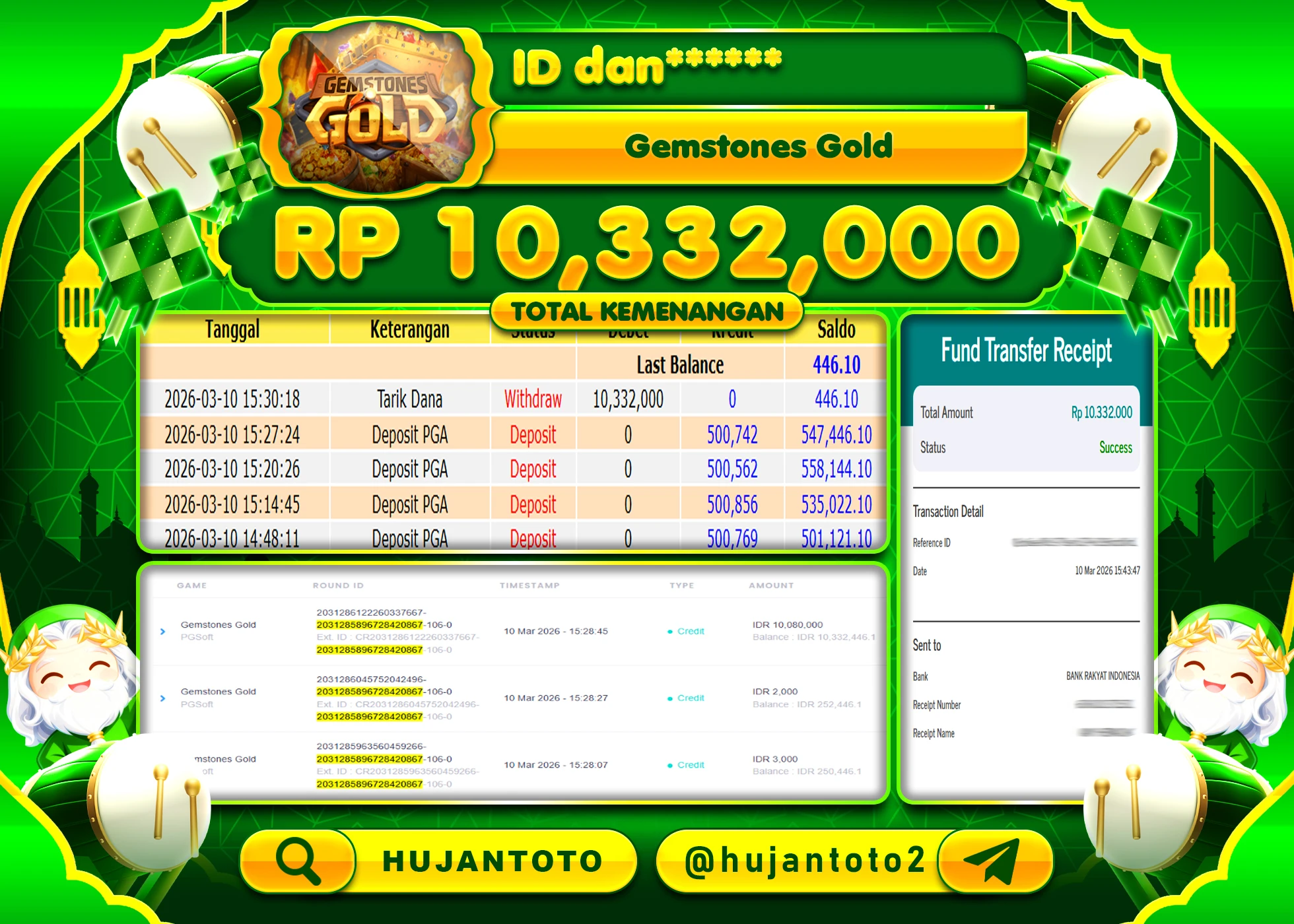 HUJANTOTO - BUKTI JACKPOT MENANG SLOT GEMTONES GOLD Rp.10,332,000 - TERBAYAR LUNAS