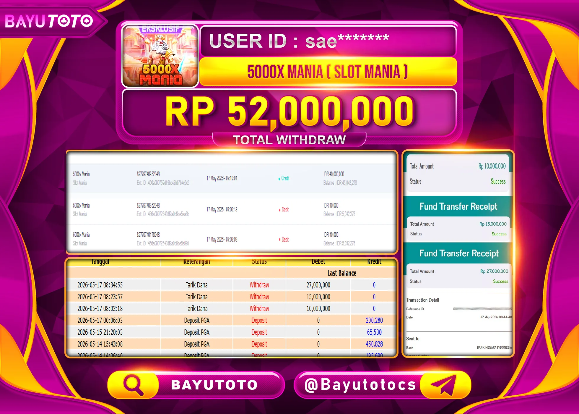 SELAMAT MEMBER SETIA BAYUTOTO JACKPOT DI SLOT 5000x MANIA (SLOT MANIA) Rp. 52,000,000 LUNAS