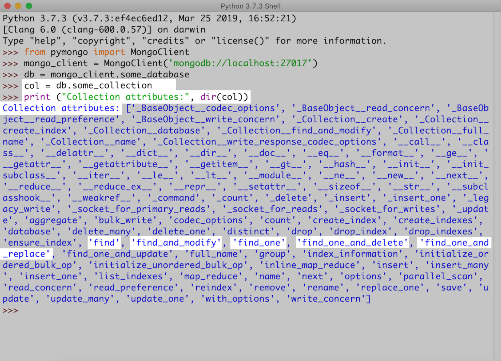 Screenshot of Python's IDLE returning all of a MongoDB collection attributes
