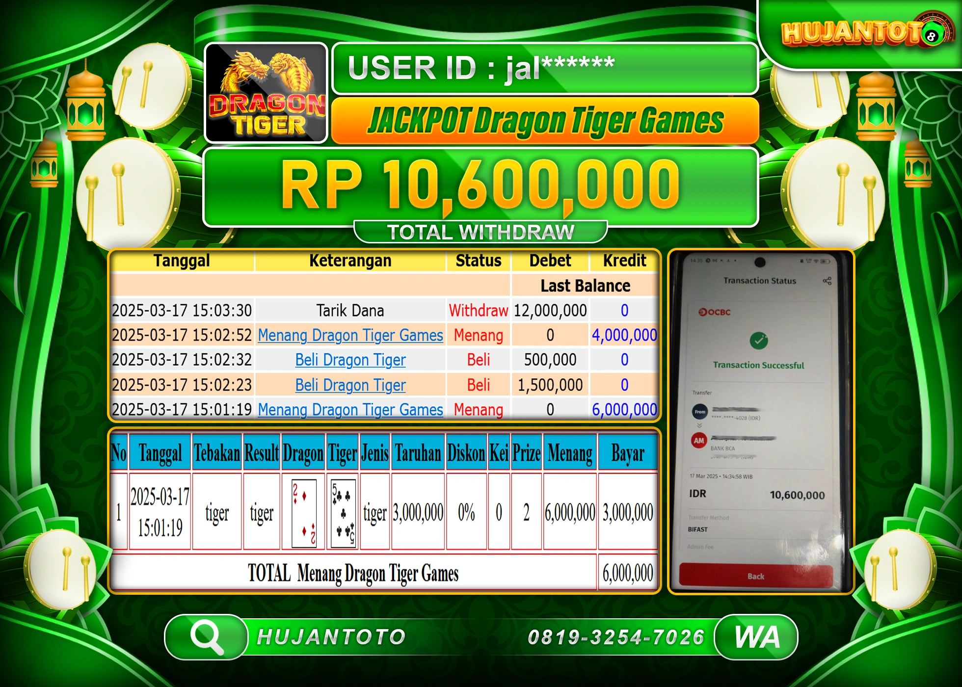 HUJANTOTO - BUKTI JACKPOT MENANG SLOT DRAGON TIGER GAMES  Rp,10,600,000  - TERBAYAR LUNAS 