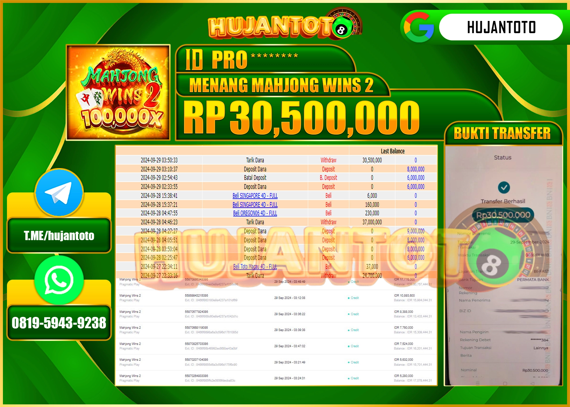 HUJANTOTO MENANG BESAR DI PERMAINAN MENANG MAHJONG WINS 2 - 30.500,000 - LUNAS 