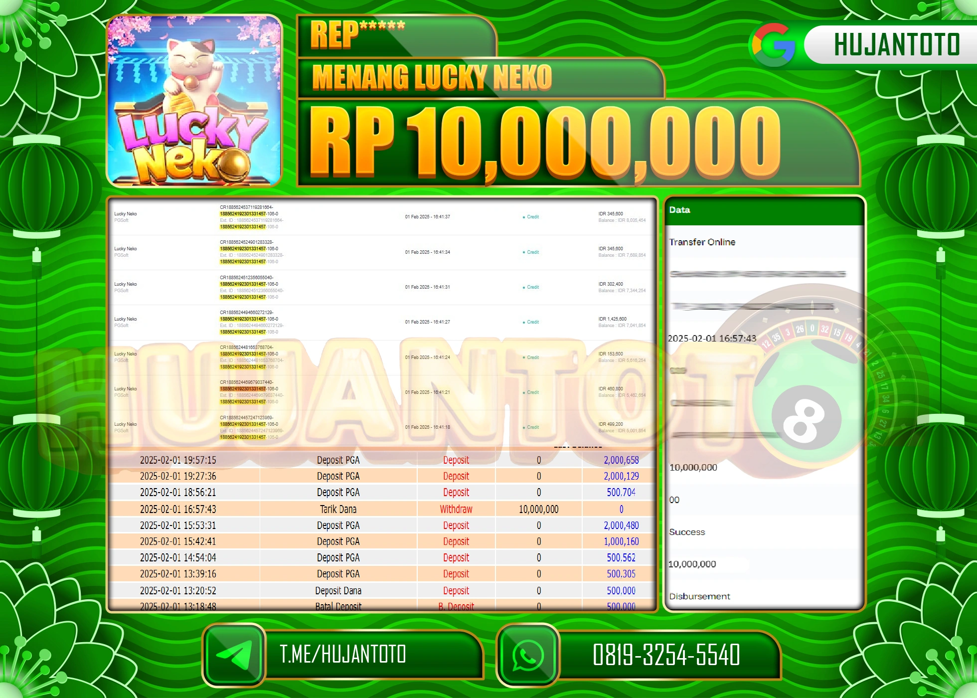 HUJANTOTO - BUKTI JACKPOT MENANG SLOT PG SOFT LUCKY NEKO Rp,10,000,000 - TERBAYAR LUNAS