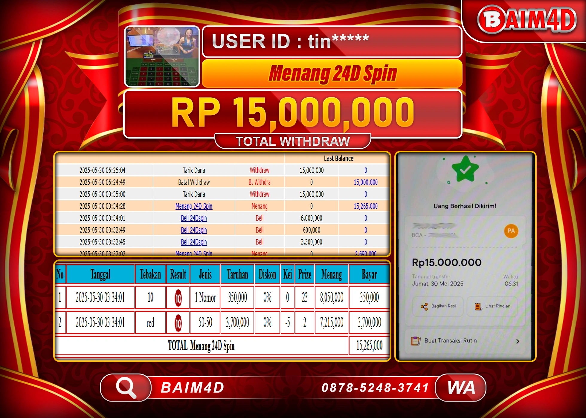 BAIM4D MENANG JACKPOT LIVE GAME 24 D SPIN Rp15,000,000 - LUNAS