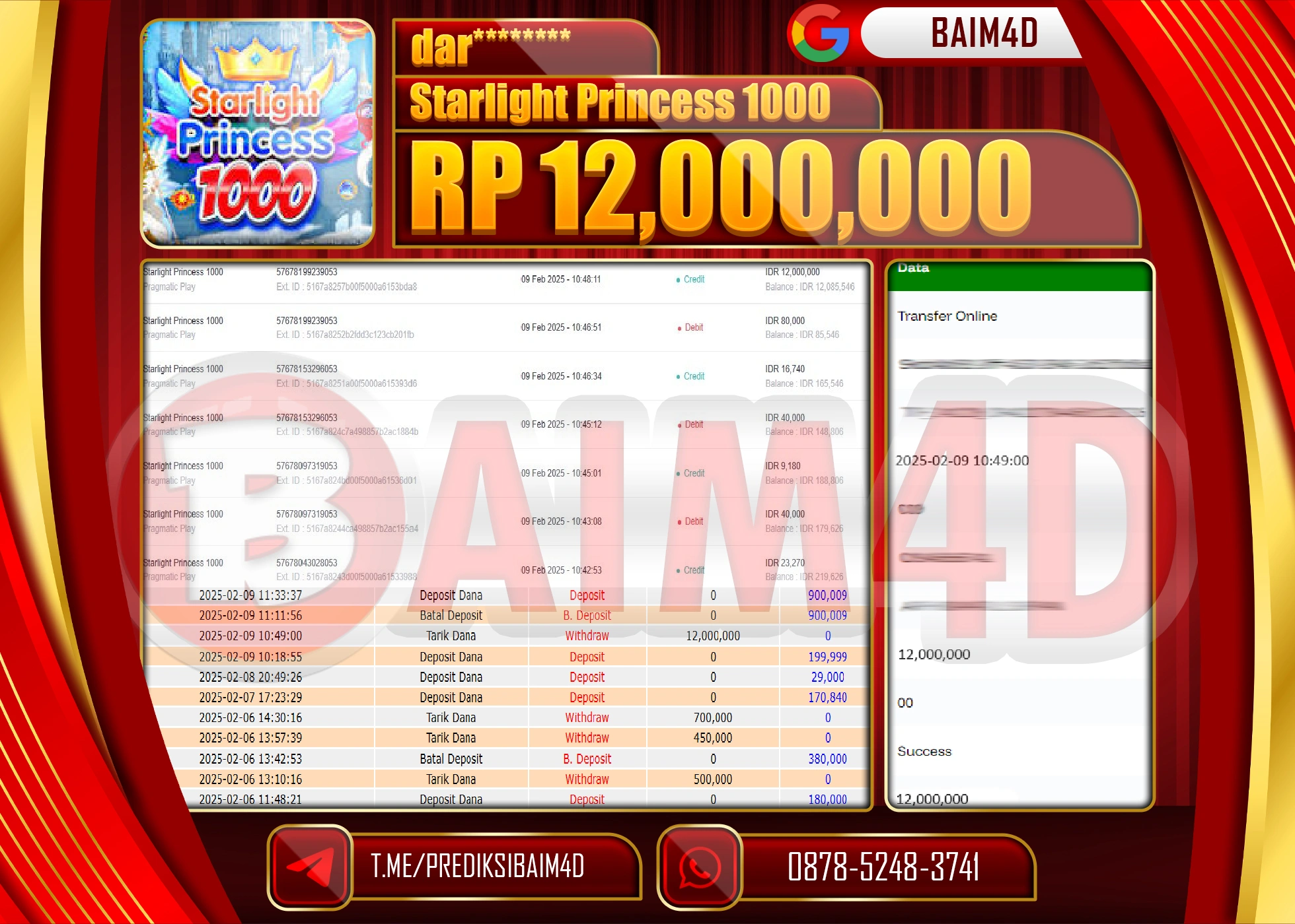 BAIM4D JACKPOT STARLIGHT PRINCESS 1000 Rp.12.000,000.- LUNAS