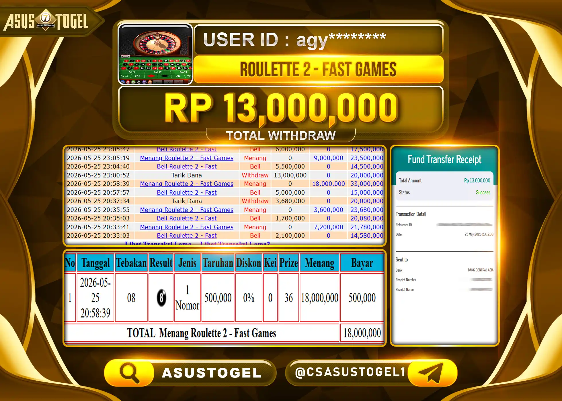 ASUSTOGEL KEMENANGAN JACKPOT LIVEGAMES ROULETTE 2 FAST SPIN Rp.13,000,000 - RUPIAH LUNAS