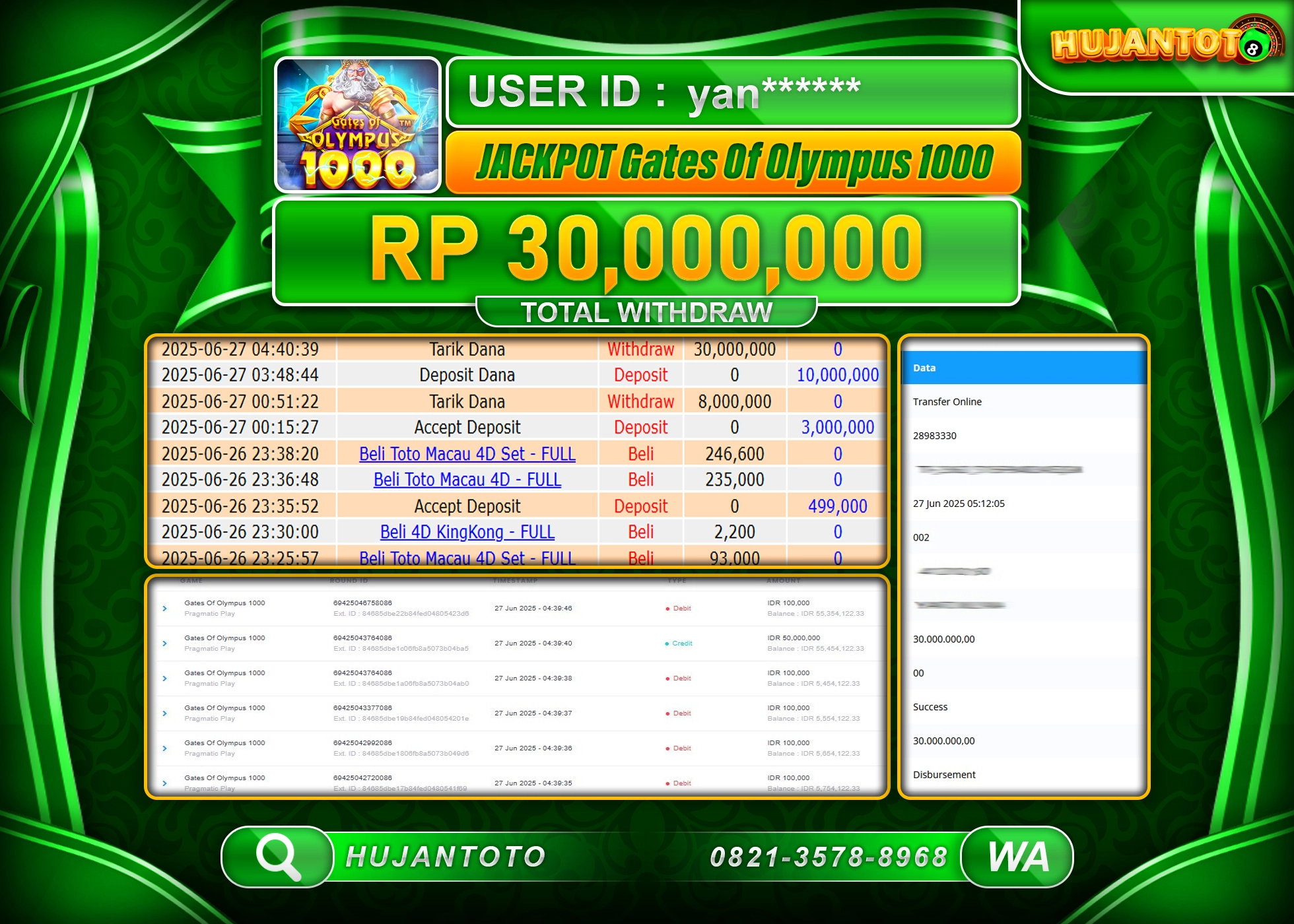 HUJANTOTO - BUKTI JACKPOT MENANG SLOT GATES OF OLYMPUS 1000 Rp.30,000,000 - TERBAYAR LUNAS
