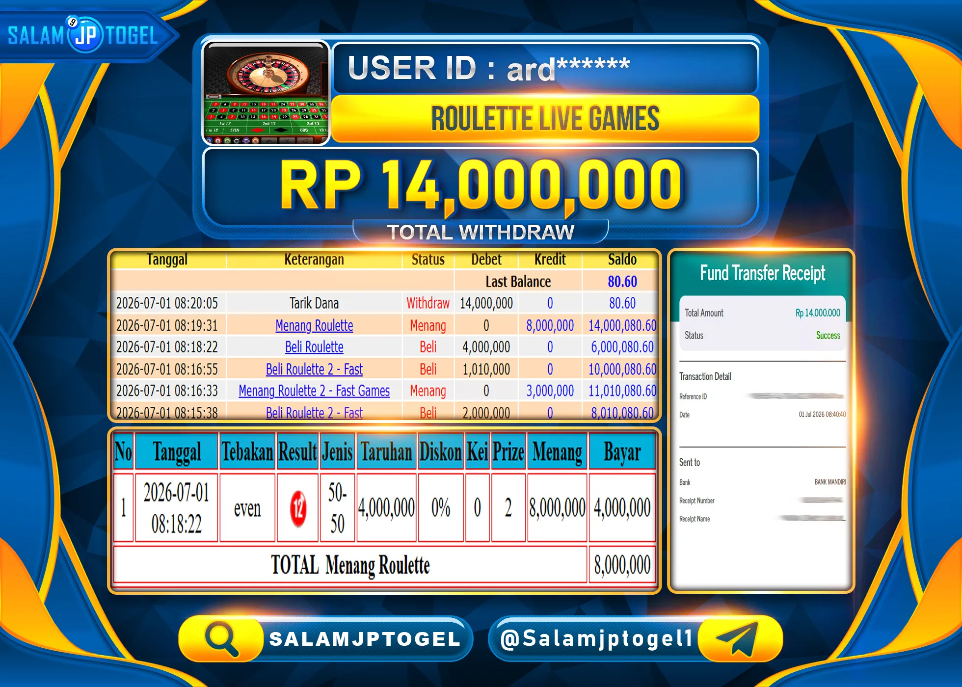 SALAMJPTOGEL JACKPOT MENANG LIVEGAMES ROULETTE GAMES Rp.14,000,000 - LUNAS